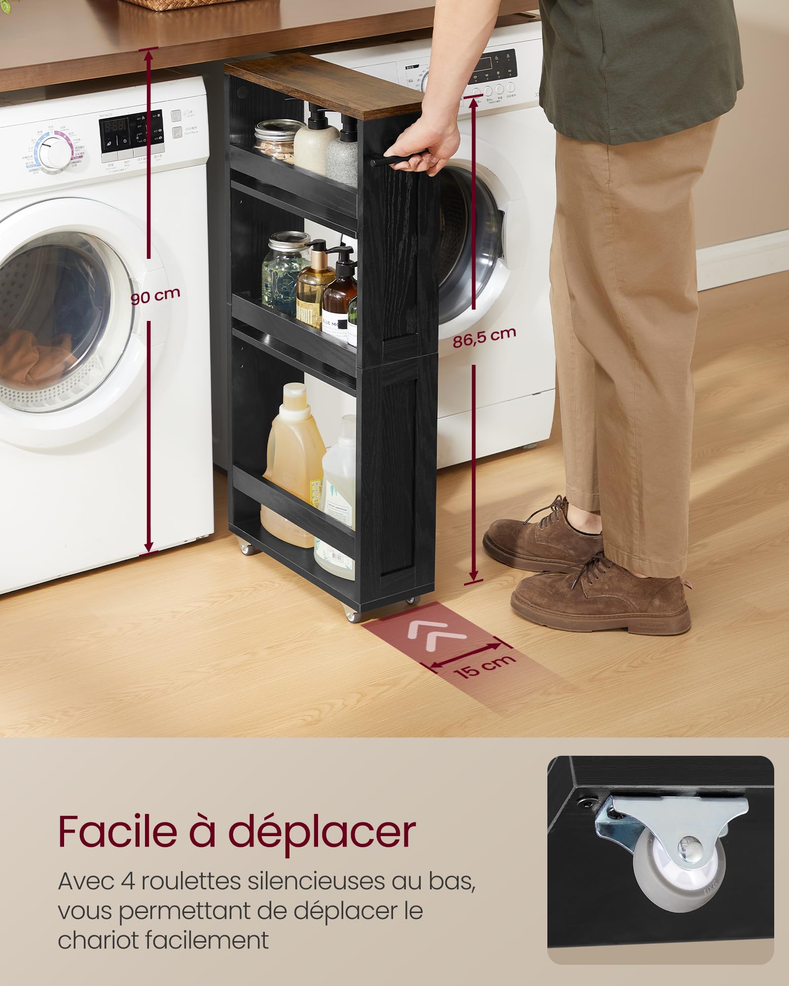 VASAGLE Chariot de Rangement Fin à 4 Niveaux, Étagère de Cuisine avec roulettes, avec Poignée, Petit Espace, 15 x 43,2 x 86,5 cm, Salle de Bain, Buanderie, Noir Boisé et Marron Rustique LRC050K02