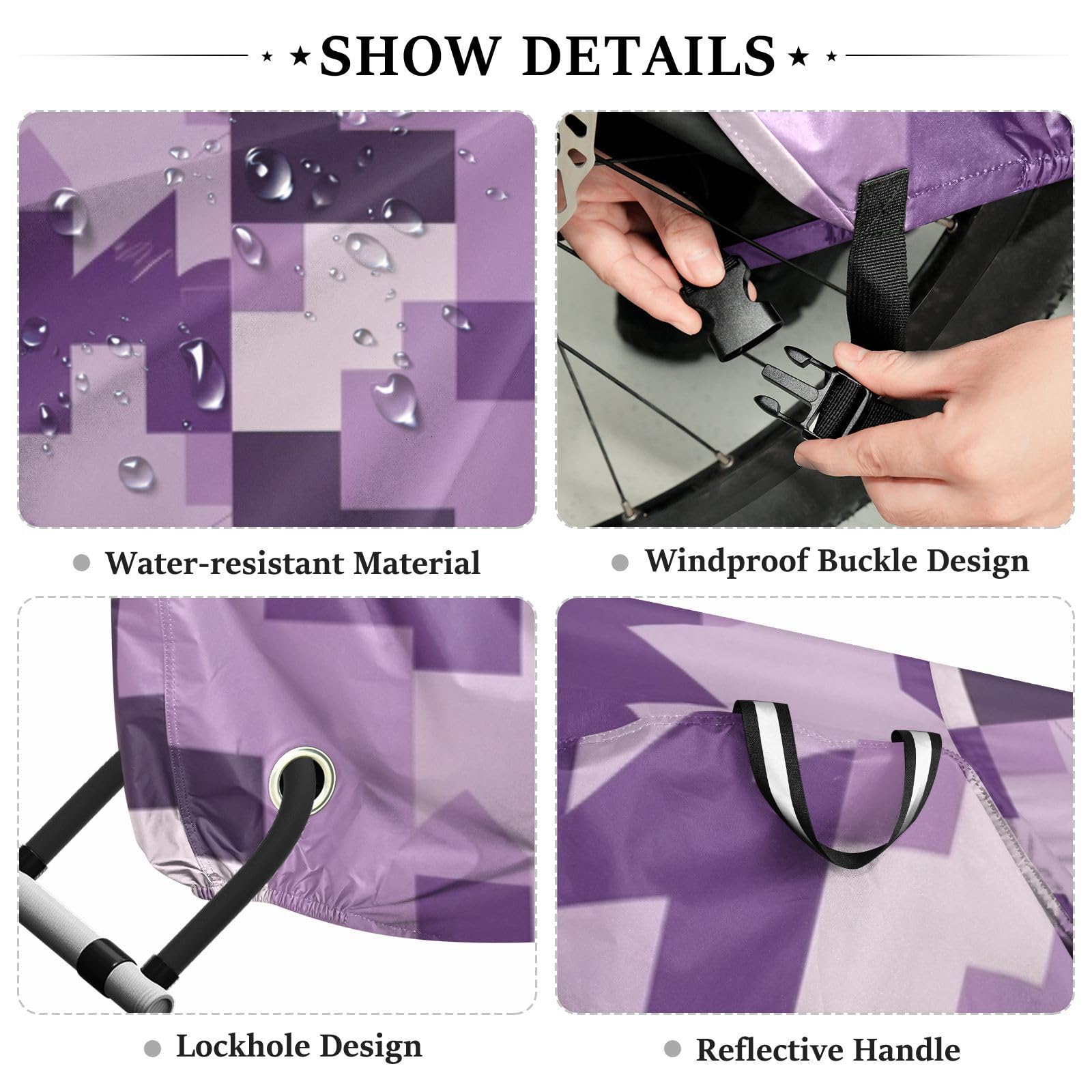 Housse de vélo étanche motif pied-de-poule - Améthyste - Avec trous de verrouillage - Anti-poussière, pluie, neige, UV - Pour VTT et route - Convient à la plupart des protections pour vélo électrique