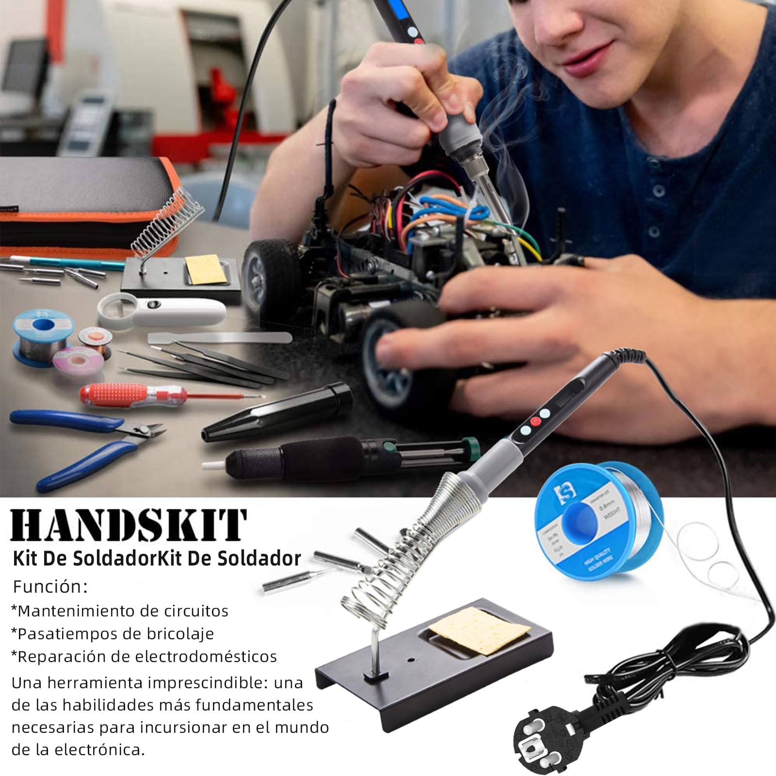 HANDSKIT Soldador de estaño Kit 20 en 1 Soldador Profesional,Soldadores de Estaño con Temperatura ajustable 90W Bomba de Desoldar,Pinzas,Cortador de Pelacables para Varios Usos y Reparaciones