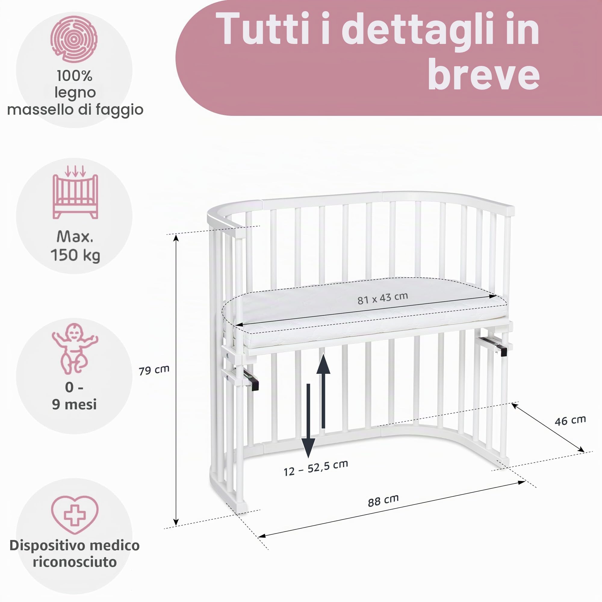 letto laterale originale per babybay in legno massello di faggio con materasso Classic Soft per giorno e notte I lettino regolabile in altezza e ecologico I lettino in crescita