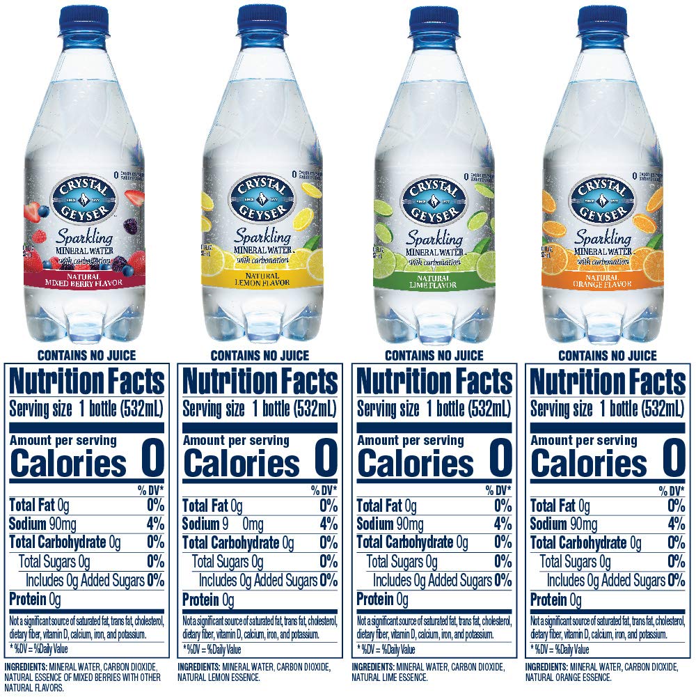 Crystal Geyser Variety Pack, 4 Flavors, Sparkling Spring Water PET Plastic Bottles, No Artificial Ingredients or Sweeteners, 18 Fl Oz (Pack of 28) : Grocery & Gourmet Food
