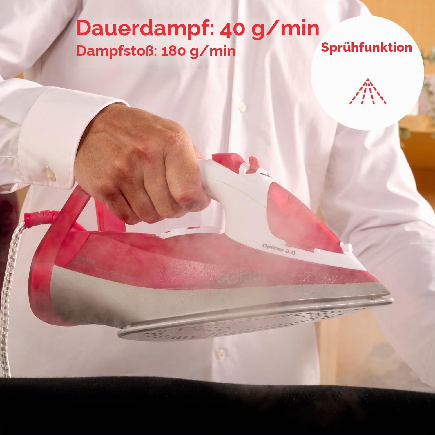 Solac - Dampfbügeleisen Optima 3.0 | 2800W | Dampfstoß 180g/min | Dauerdampf 40g/min | Keramiksohle | Präzisionsspitze | Doppeltes Anti-Kalk-System | Selbstreinigungsfunktion | Anti-Tropf-System