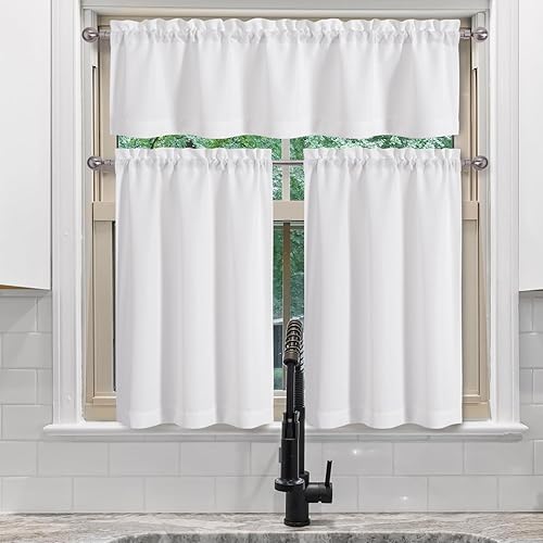 Miniatura 2 de Cenefa blanca para ventanas, cortina de lino sintético con textura semitransparente para ventana pequeña, cenefa de cocina con bolsillo para barra,