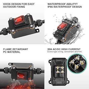 Inline Cord Switch Waterproof Switch DPST AC/DC 20A-125V,16A-250V,30A-24V,35A-12V, IP66 Red Open Double Hole Waterproof Box Two-Side Entry and Exit Line KCD4