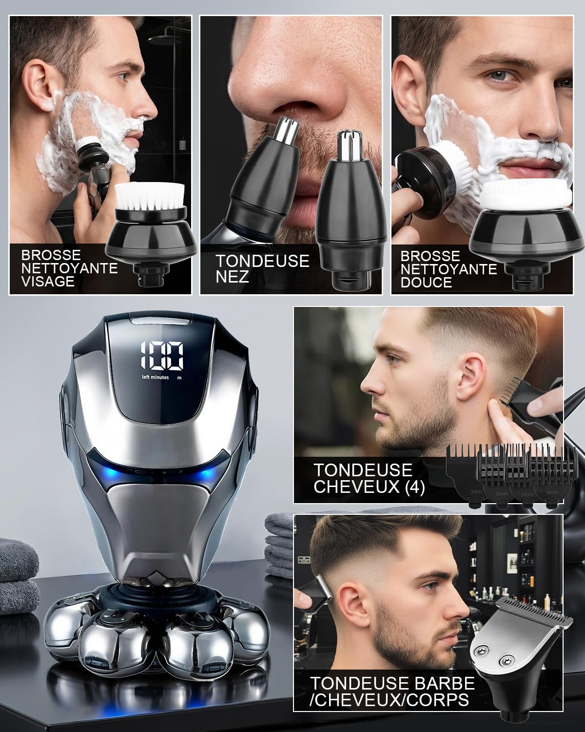 Rasoir Tete Chauve Homme, Rasoir 7D Amélioré pour Hommes Chauves, Rasoir Électrique IPX5 Étanche Humide & Sec avec Écran LED, Chargement USB-C Kit Rasage Portable pour Visage et Coiffage Chauve