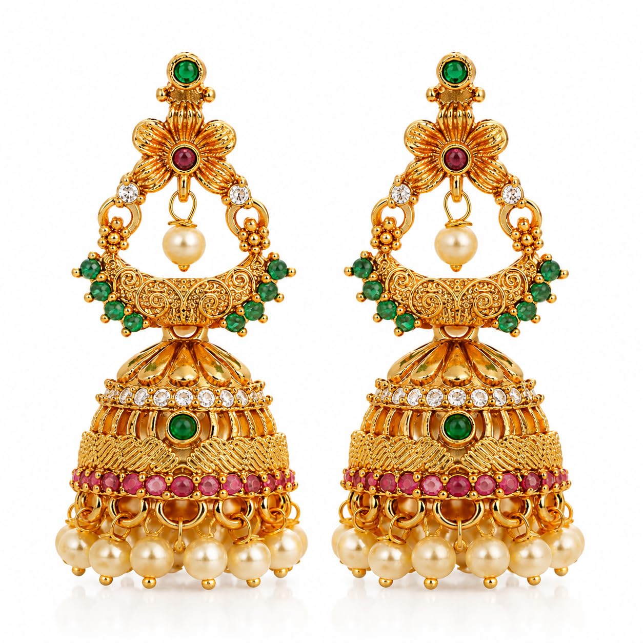 Royal Rajwadi Gold Plated Jhumka Earrings for Women | Green & Pink Stone Chandbali Jhumki with Pearl Drops | Traditional Bridal Wedding Ethnic Jewellery