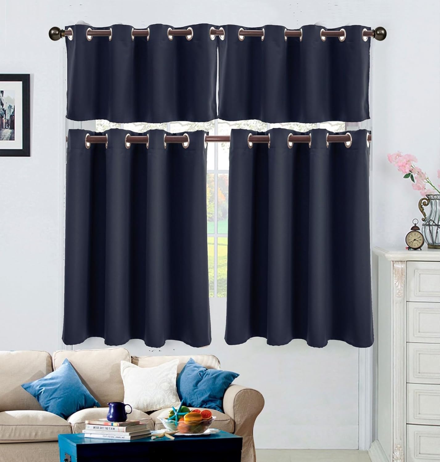 Kitchen Curtains Short, Blackout Curtains Tier Curtains Grommet Solid Color Small Drapes for Cafe Living Room, 52x36 Inch, Black, 2 Panels