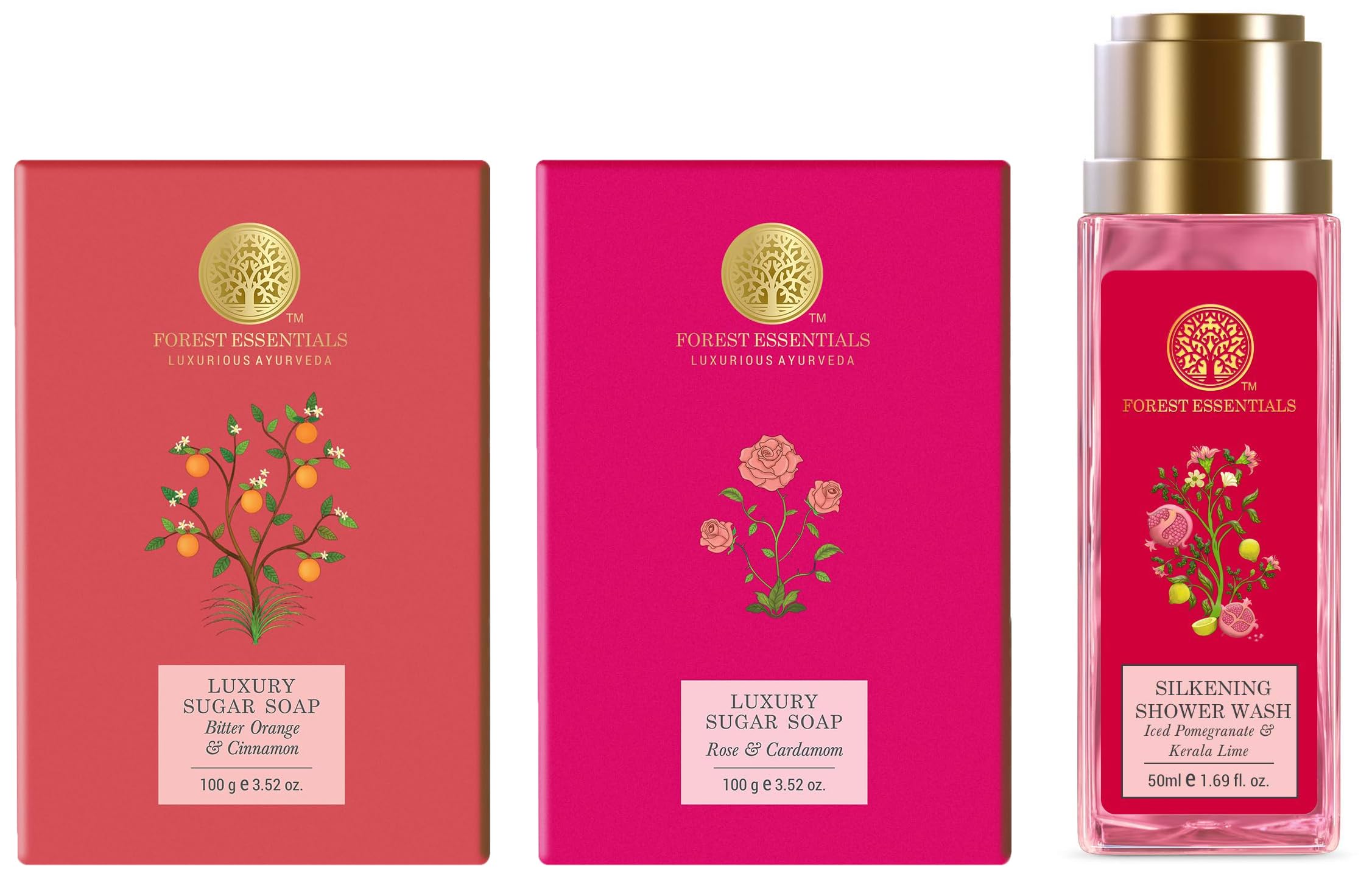 Forest Essentials Luxury Sugar Soap Rose & Forest Essentials Travel Size Silkening Shower Wash Iced Pomegranate & Forest Essentials Luxury Sugar Soap Bitter Orange & Cinnamon Ayurvedic-image-29