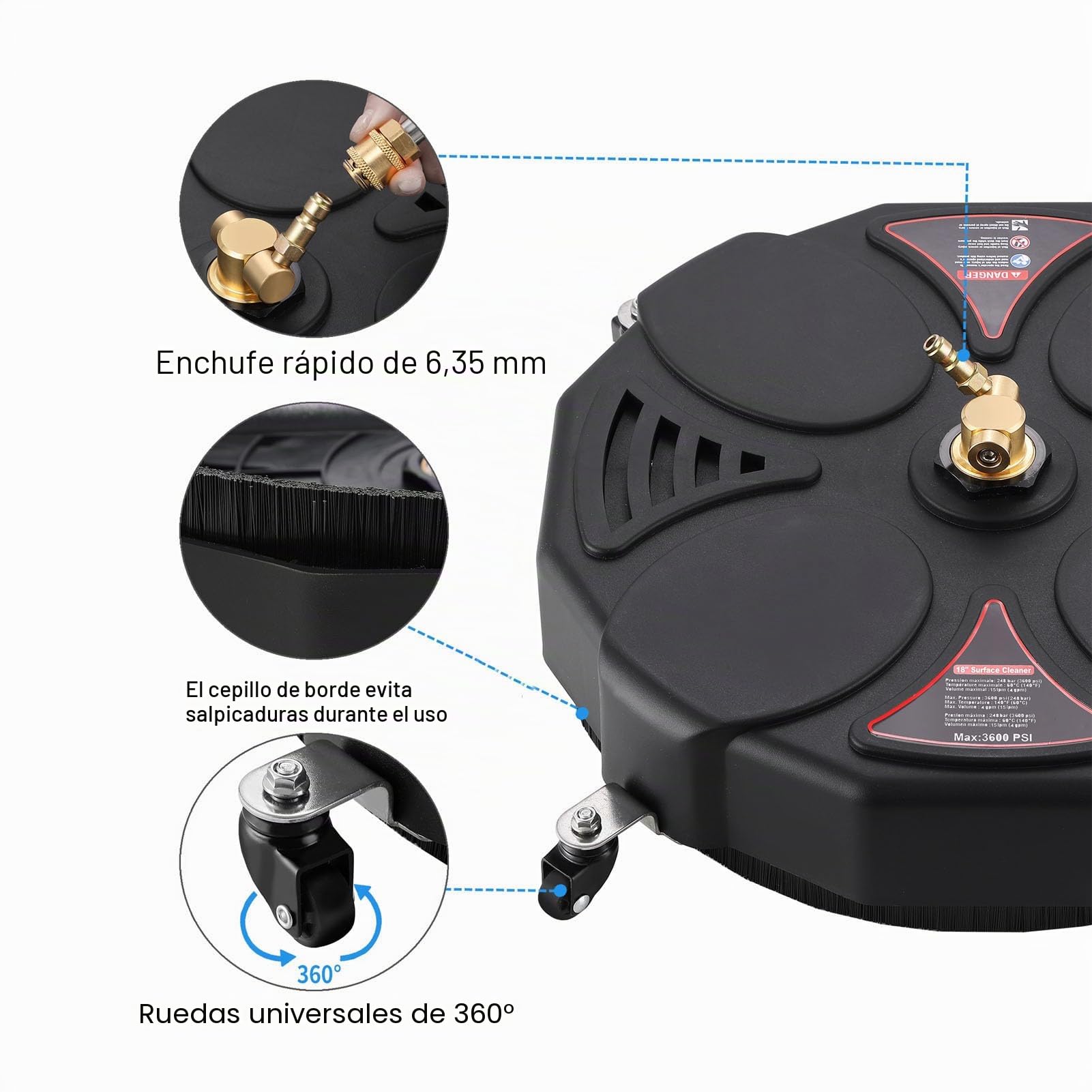 Limpiador de Superficies de Lavadora a Presión de 13" con 4 Ruedas, Conector Rápido, Accesorio de Lavadora Eléctrica, Acero Inoxidable, Latón y ABS, 2500 PSI