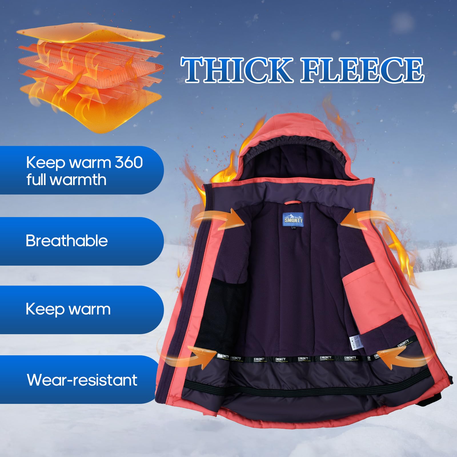 SMONTY SNOWER Traje de nieve con capucha desmontable, traje de esquí, extra caliente, traje de invierno