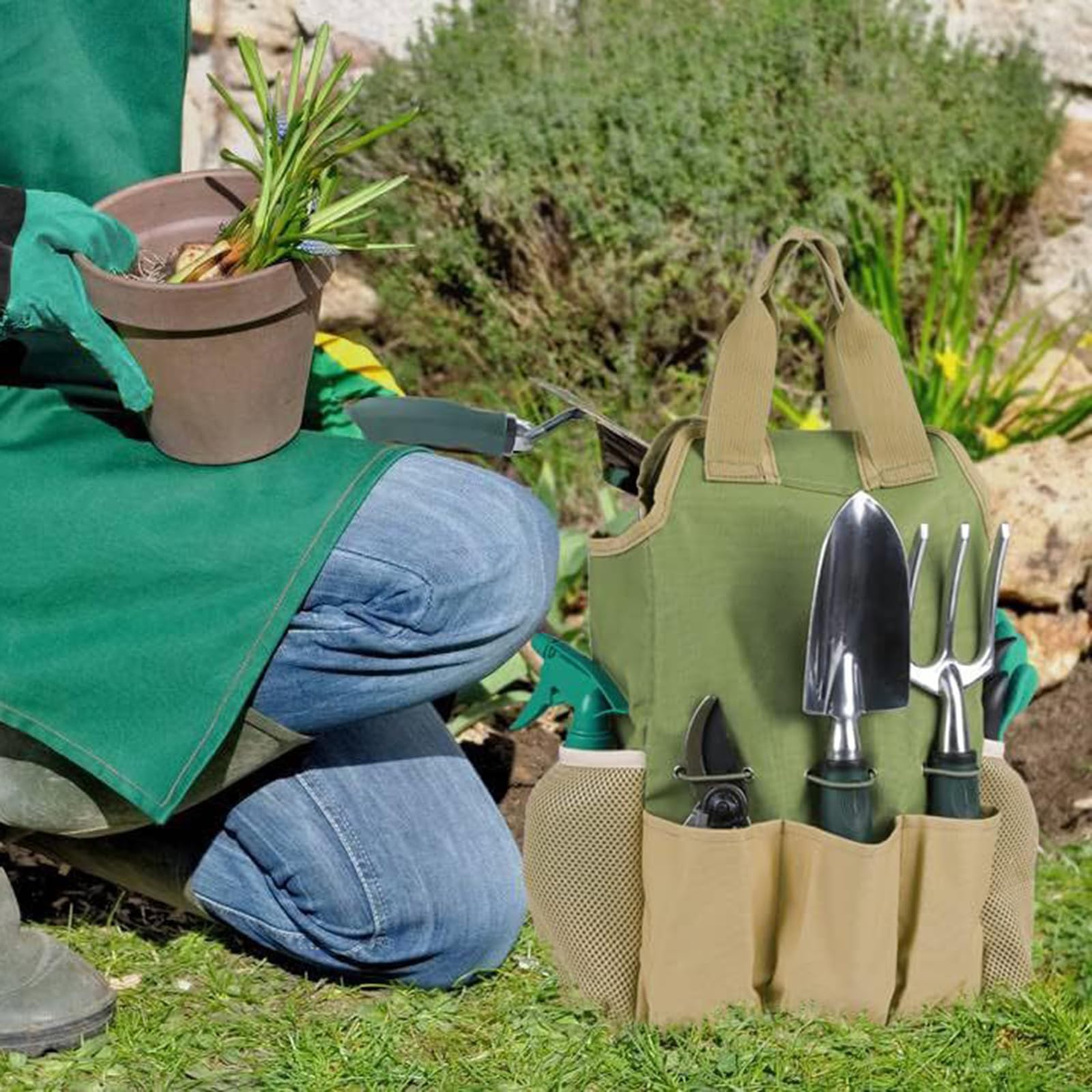 10 Pezzi Set di Attrezzi da Giardino Fai da Te per Lavori Pesanti per Il Giardinaggio con Borsa per Attrezzi da Giardino Kit Ergonomico di Utensili Manuali da Giardinaggio Regali da Giardino