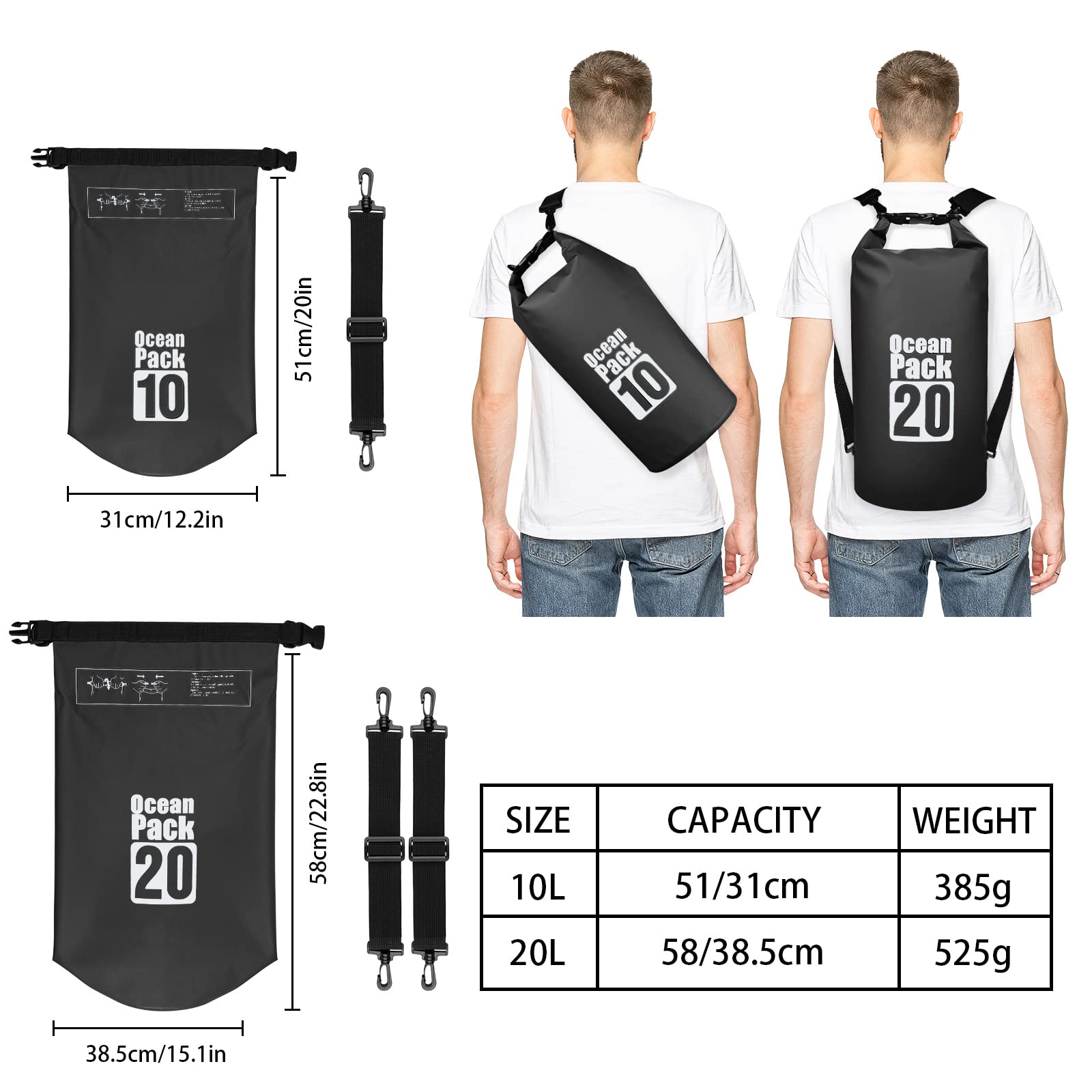 Coolzon Borsa Impermeabile-Sacca Impermeabile con Custodia Impermeabile per Cellulare, Sacca Stagna con Tracolla Regolabile per Kayak Rafting Canottaggio Campeggio Viaggiare Nuoto, 20L Nero