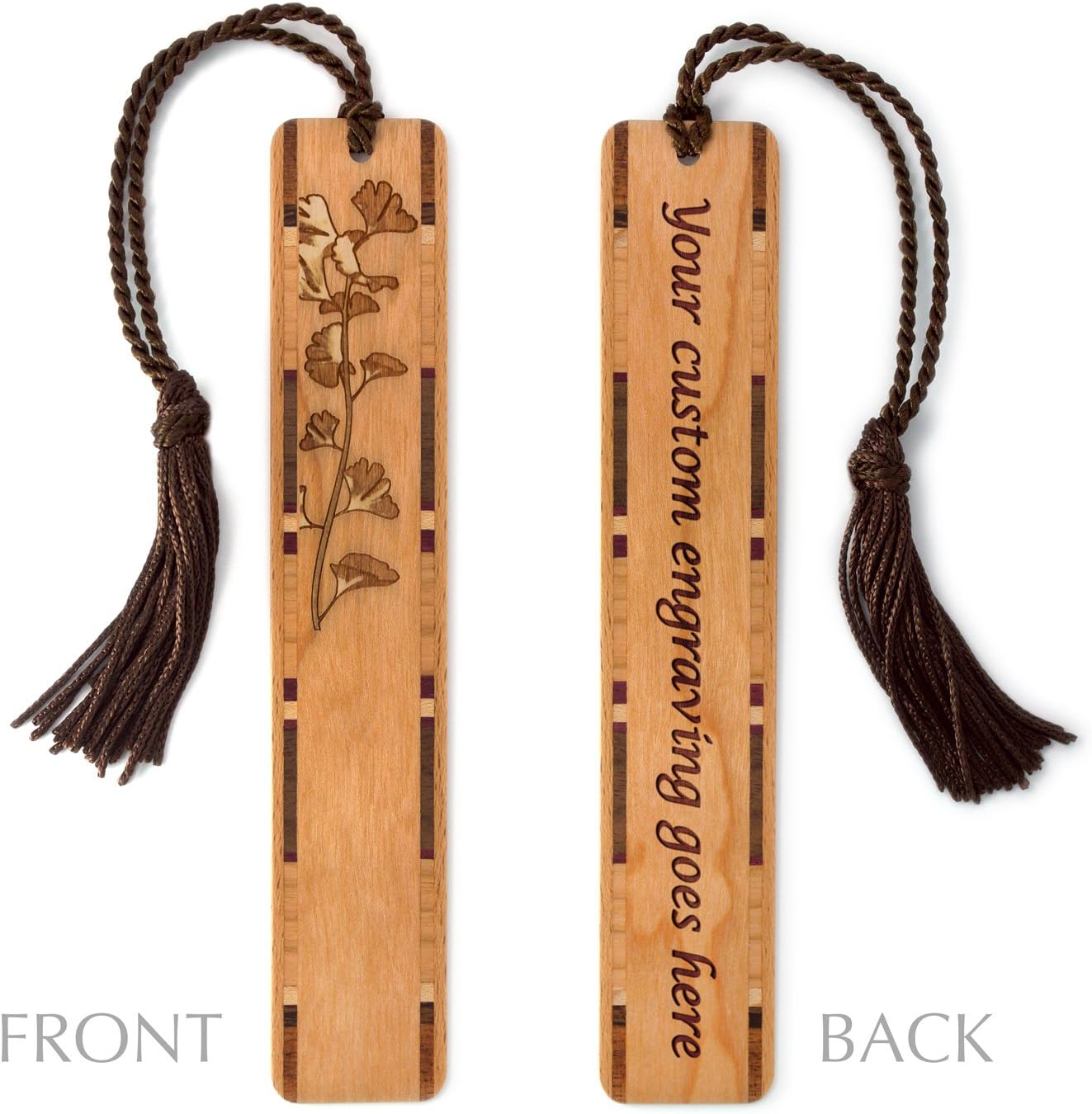 Personalized Gingko or Ginkgo Leaves Engraved Wooden Bookmark - Made in The USA - Also Available Without Personalization