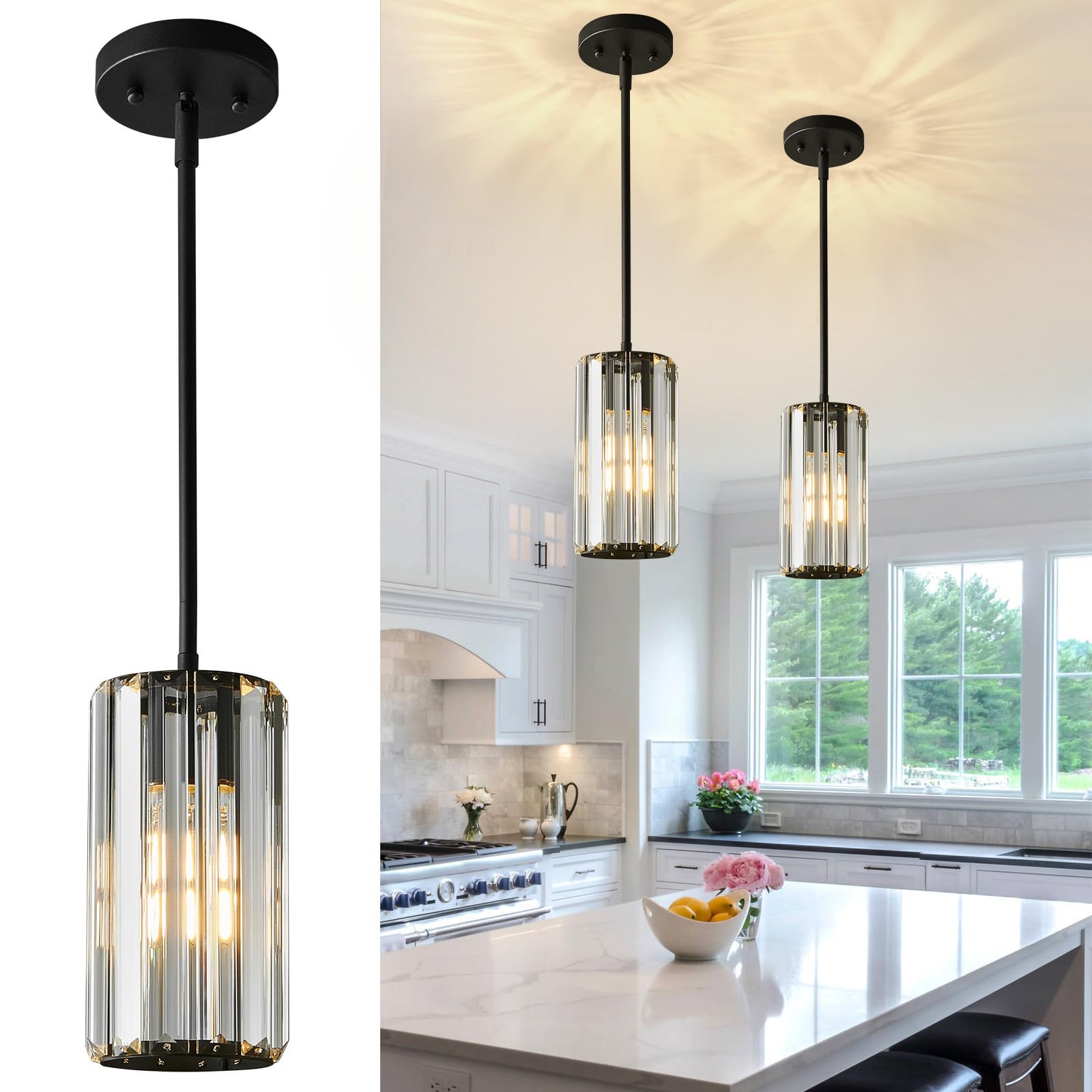 Black Pendant Lighting Modern Pendant Light Mini Crystal Chandeliers,Adjustable Pendant Light Fixture for Kitchen Island Dinning Room Corridor Bedroom(Black 2-Pack)