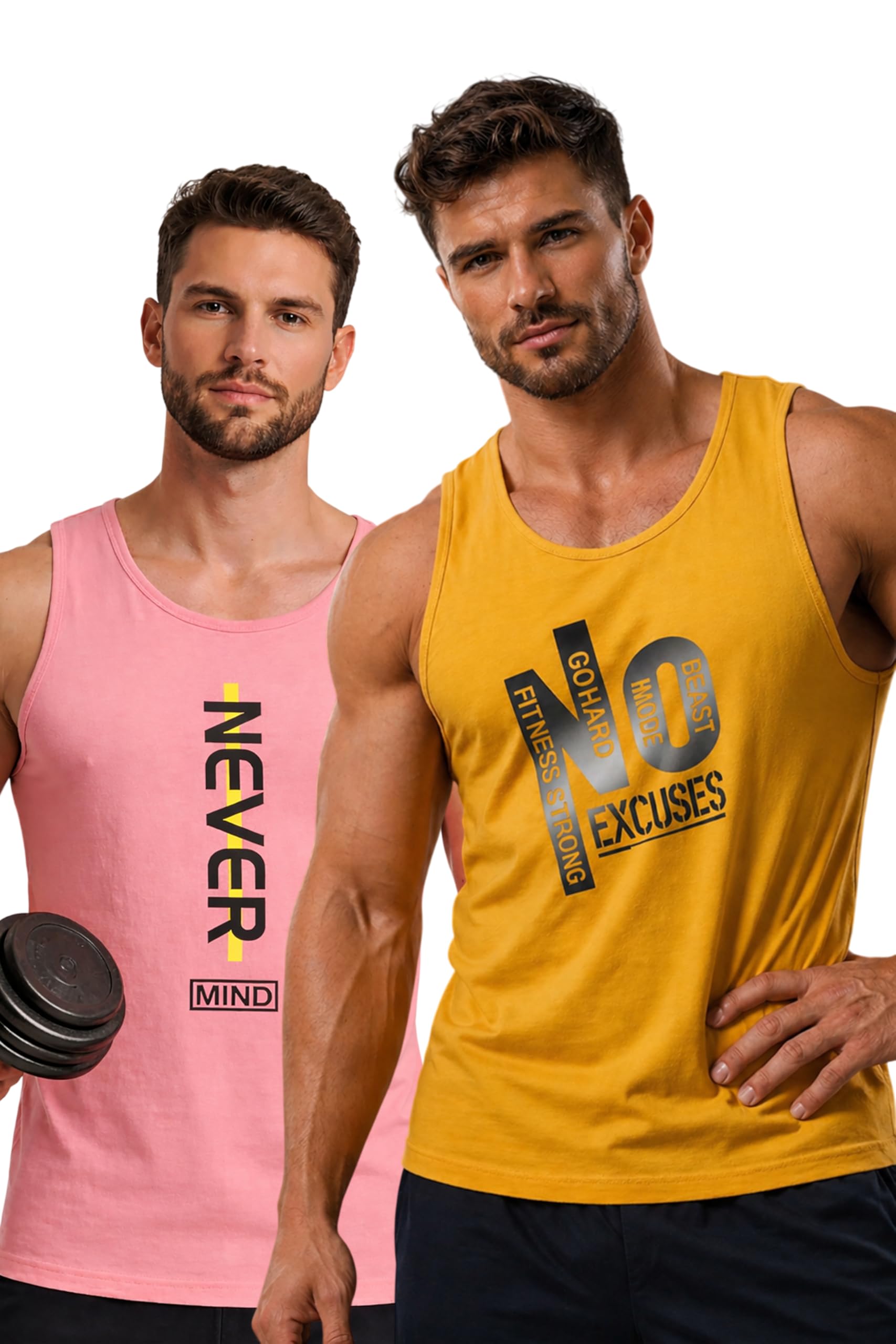Polyester Letter Printed Vest for Men - Pack of 2 - Yellow & Pink | Round Neck | Sleeveless | Regular Fit | Summer & Gym Wear Tank Top for Men-image-39