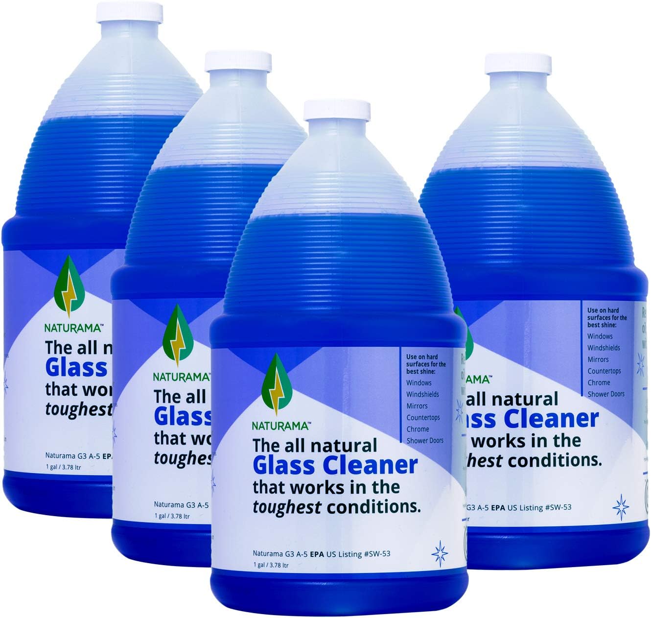 Naturama Glass Cleaner (1 Gallon-Pack of 4) – Ammonia Free/Non-Toxic Outdoor Window Cleaner for Streak Free/Crispy Clean Shine | Natural Eco Friendly Product with Multi Glass Use