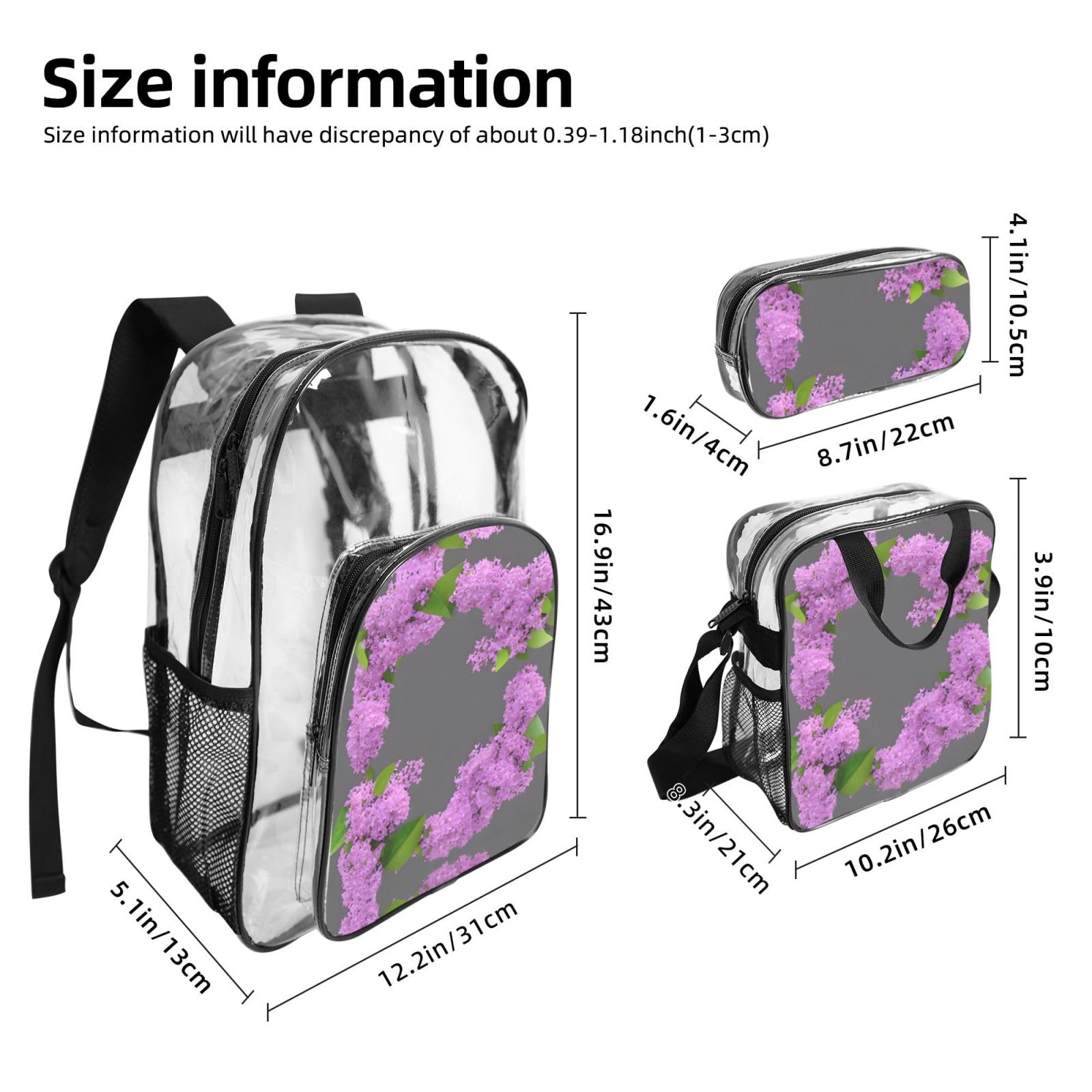 Juego de mochila 3 en 1 con estampado de flores lilas en flor para eventos escolares, trabajo, estadio y transporte diario