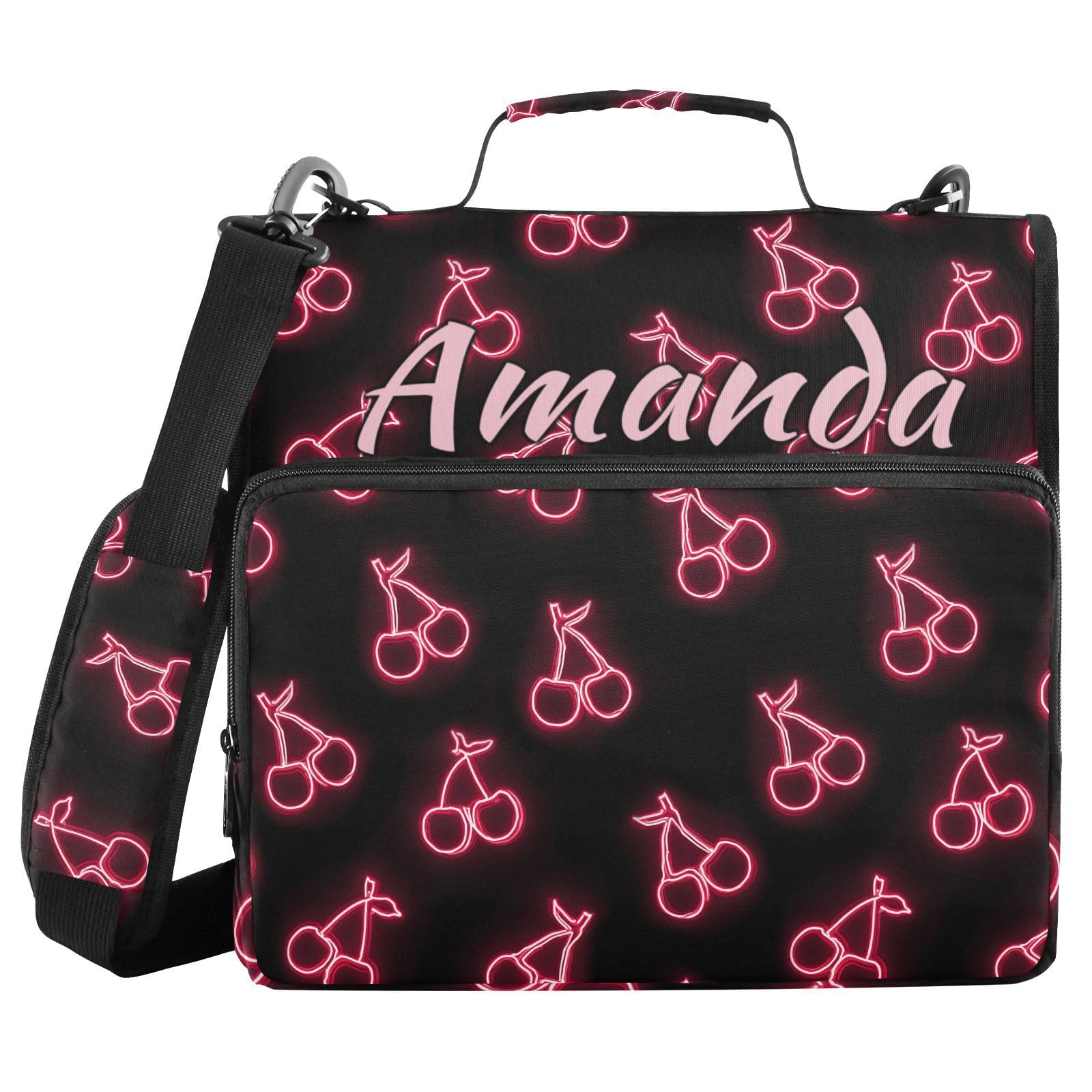 Custom 3 Ring Zipper Binder Pink Neon Cherry Personalized Name 1.5 inch Binders Large Capacity Multi Pockets for School Office Supplies