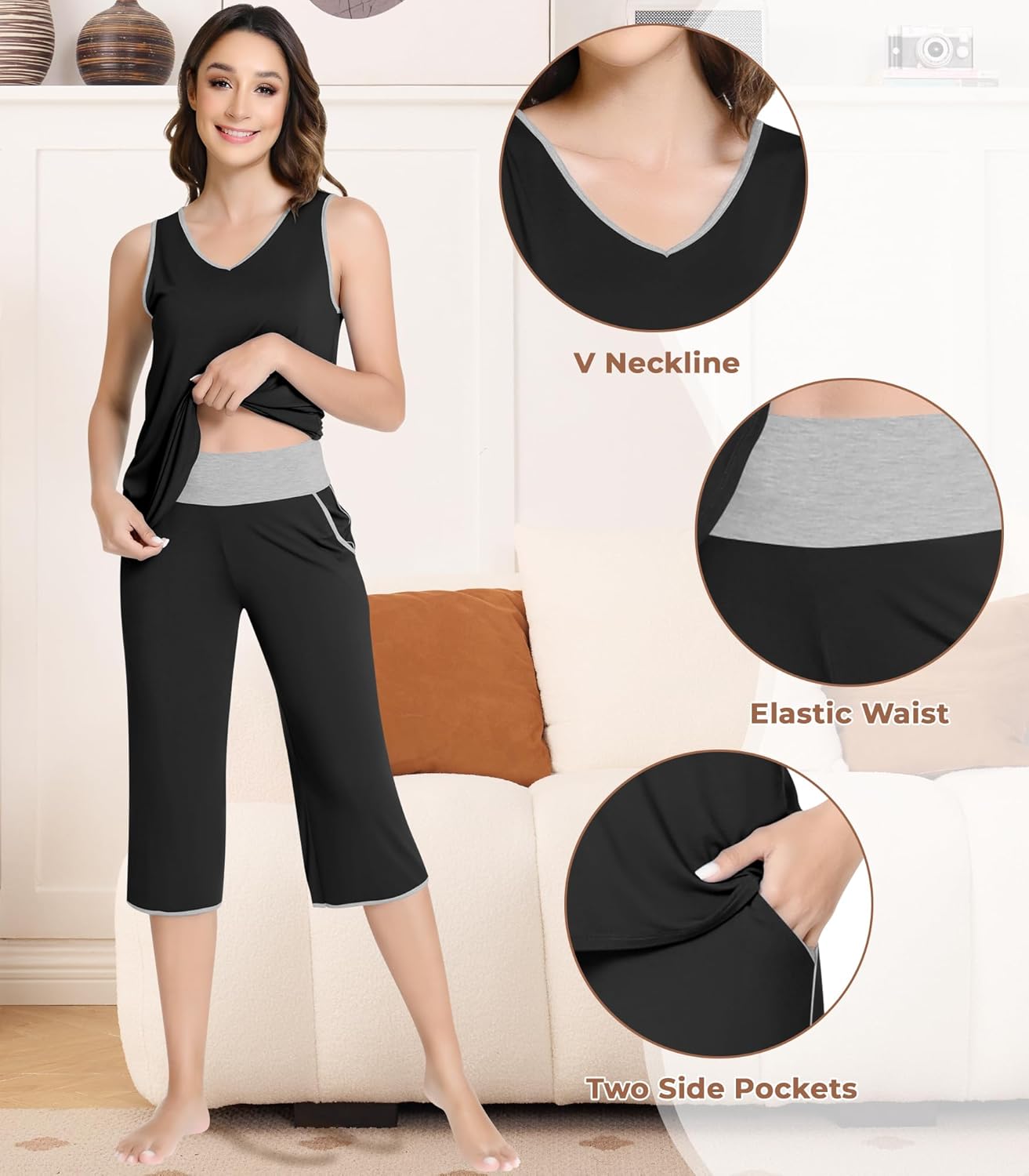 NACHILA Women's Pajamas-Viscose Made from Bamboo, Sleeveless Pajama Set Soft Tank Top Sleepwear Capri Pants Pjs - Image 4