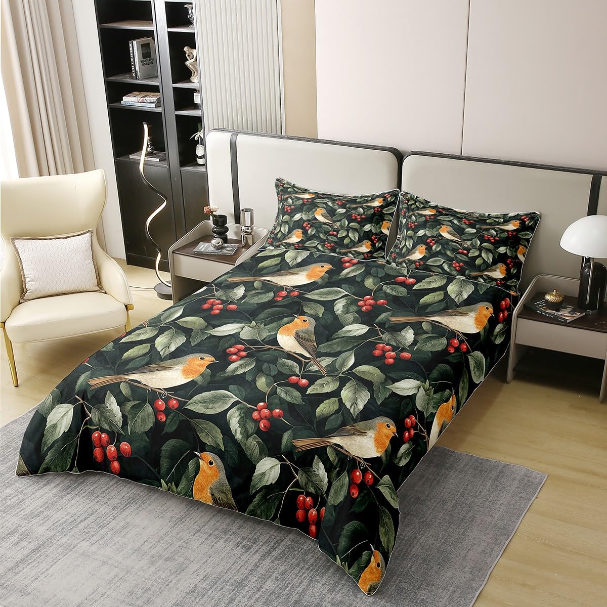 Housse de couette coton parure de lit double hypoallergénique motifs oiseaux et plantes