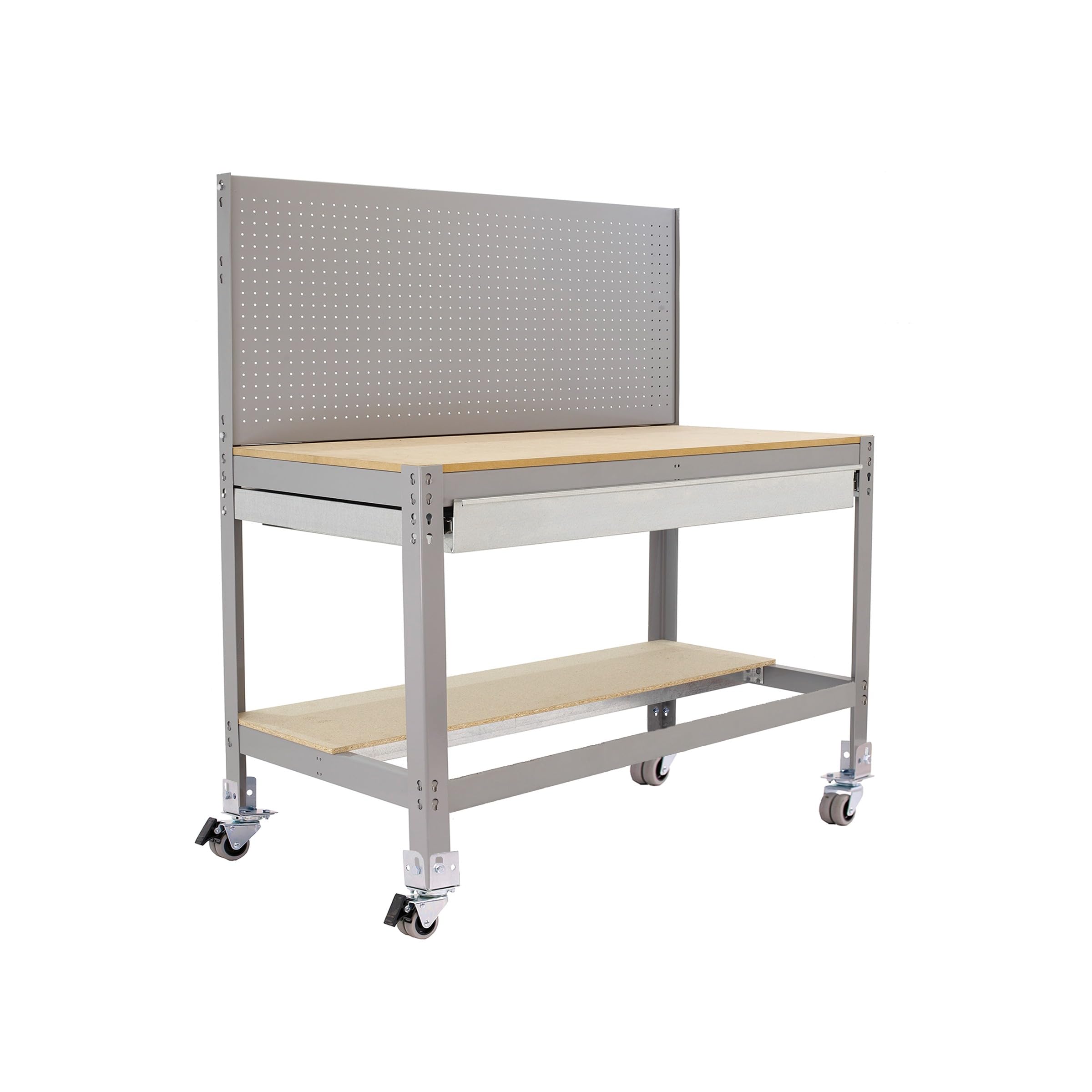 Simon Rack Banco de Trabajo Taller con Ruedas 1210x610 mm - BT2 | Panel Perforado y Cajón, Tablero madera 16 mm, Capacidad Carga 120 kg, Gris , Pintura anticorrosión, Montaje sistema clic