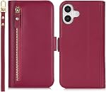 Compatible with iPhone 16 Wallet Phone Case flip Cover for Apple 16 Dark Red PU Leather, Women Men, Kickstand, Wrist Strap, Zipper, Card Holder, Credit Slots, 6.1"