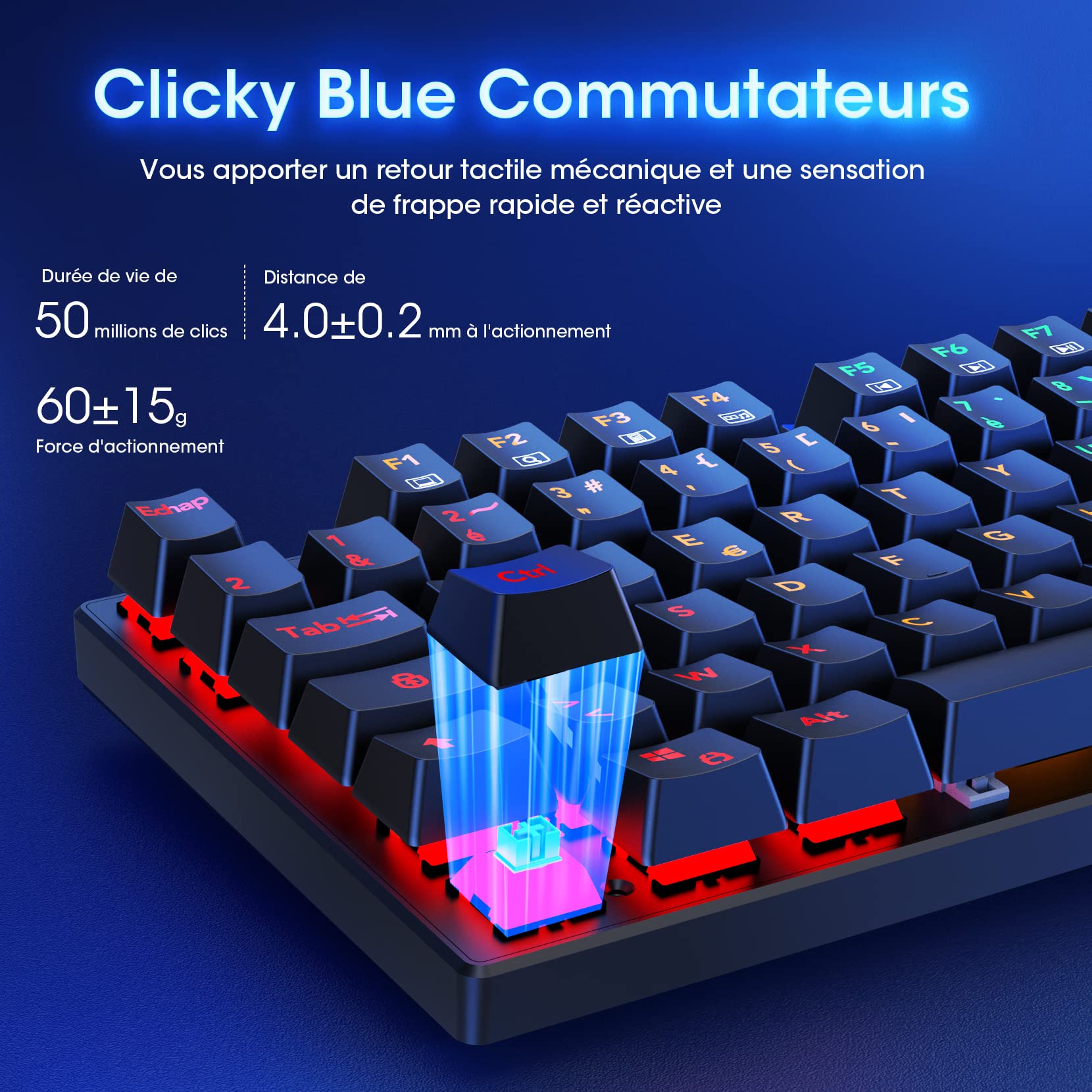 RisoPhy Clavier Gamer Mécanique,Clavier Gaming RVB Ultra Fin avec Blue Switches,Touches ABS Durables/Anti-Ghosting/Résistant aux Éclaboussures pour PC Mac Xbox Gamer-Nouveau 2023