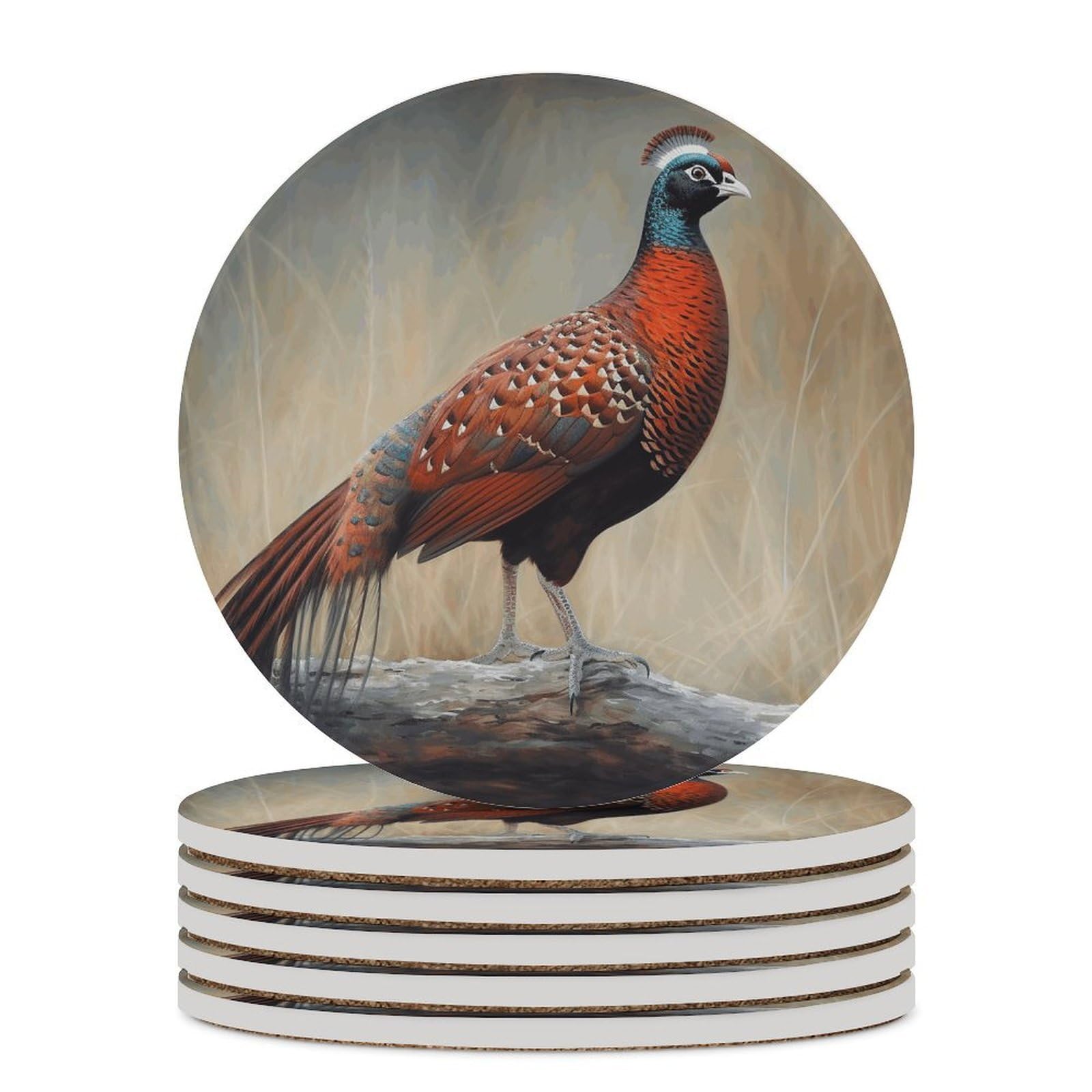 Czerwone podstawki pod napoje bażanta z uchwytem na stolik kawowy, ceramiczna podstawka z podstawą korkową, ceramiczna podstawka kamienna do mrożonych zimnych lub gorących napojów, 10 cm
