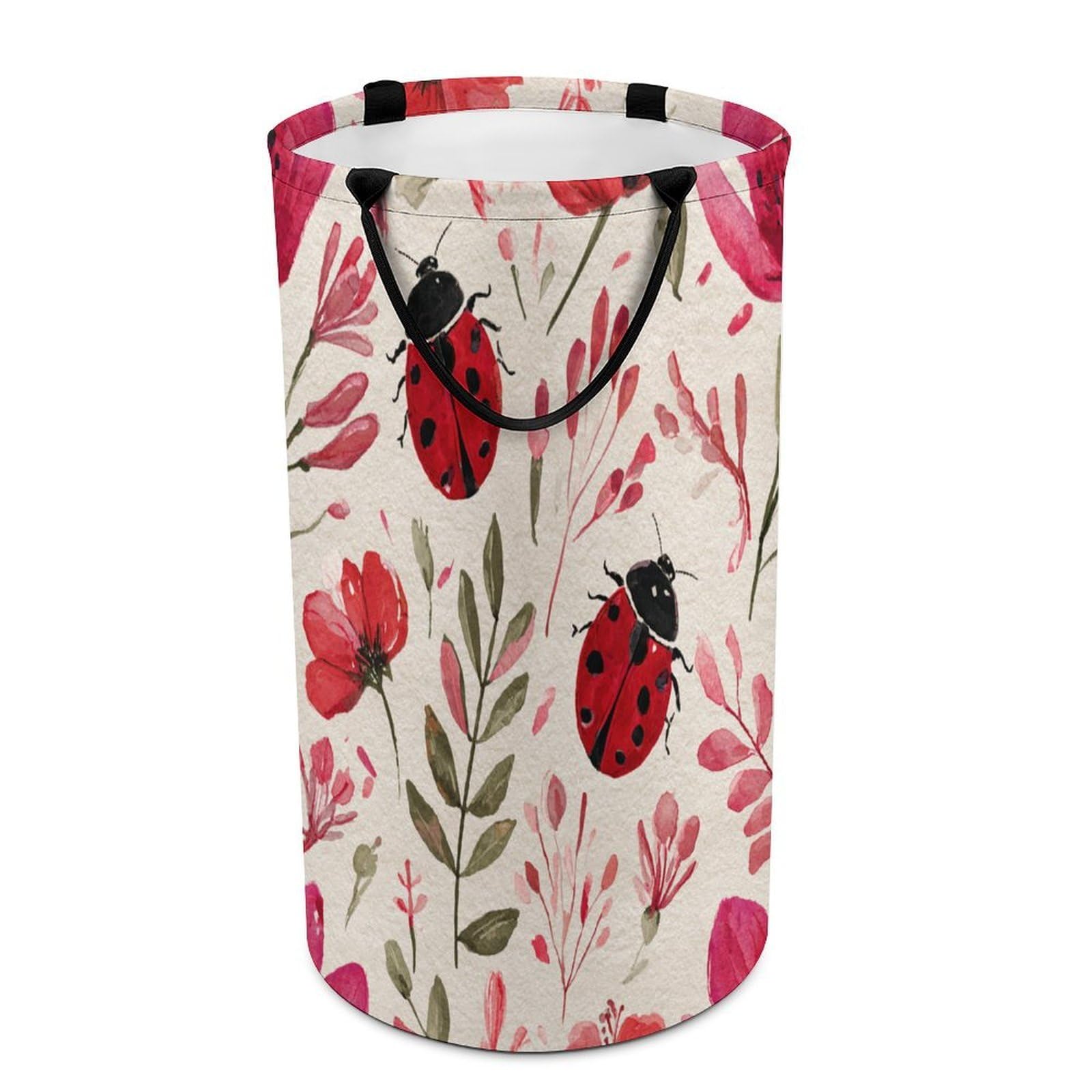 LUYYSKY Retro Watercolor Cute Ladybug Versatile Storage Laundry Basket, Classic Cartoon Flowers Garden Ladybug Pattern Large Capacity Bathroom Hamper With Handle