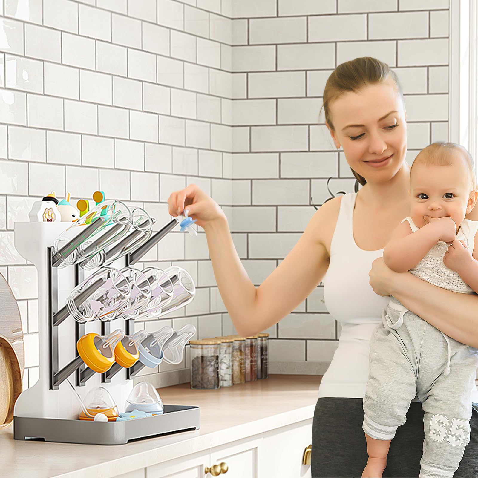 GoMaihe Scola Biberon Grande: Supporto Verticale per Scolabiberon – Supporto Salvaspazio da Banco per Scolabiberon e Accessori per Neonati, Grigio