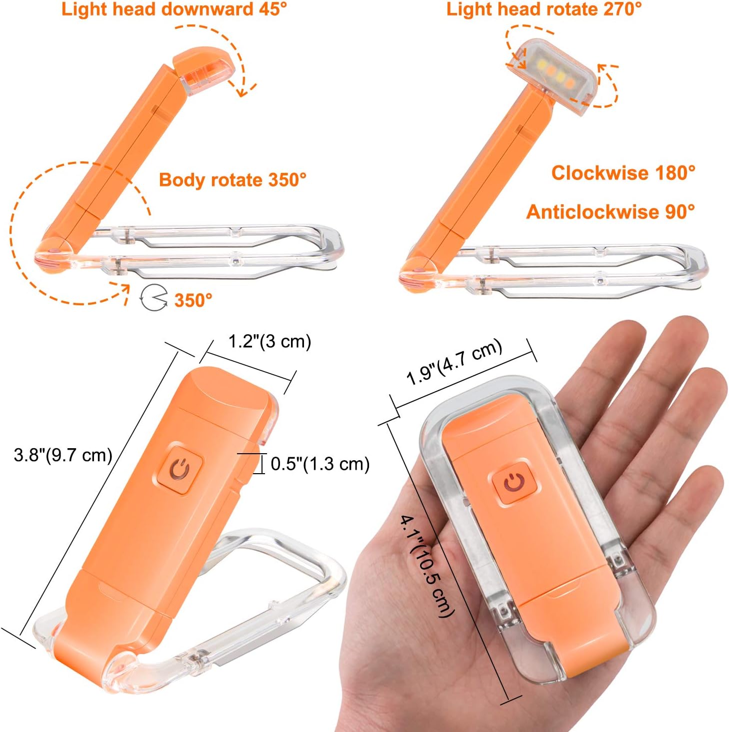 BIGLIGHT Amber Book Reading Light, LED Clip on Book Lights, Reading Lights for Books in Bed, Small Book Light for Kids, USB Rechargeable, 2 Brightness Adjustable for Eye Protection, Orange