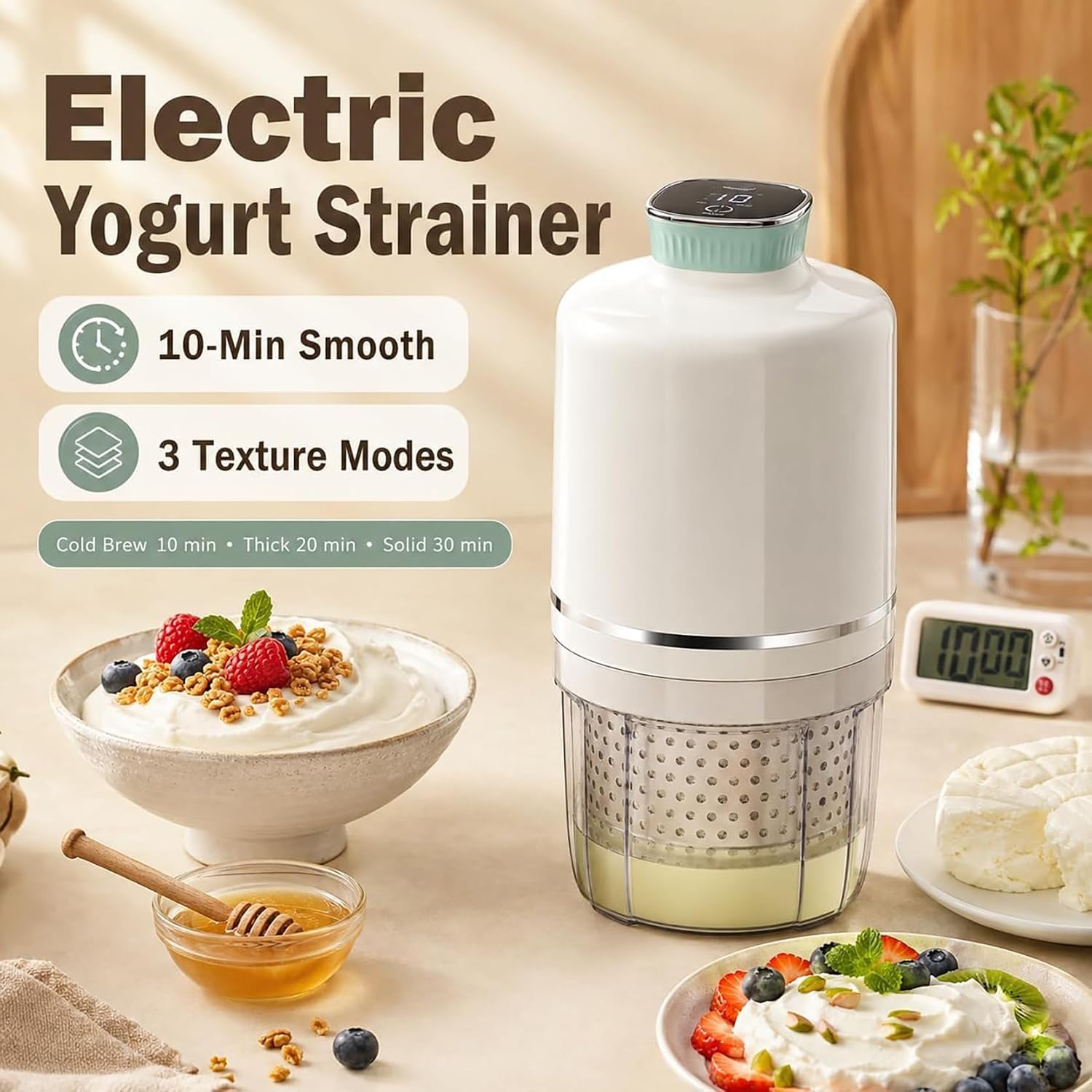 Macchina elettrica per yogurt a 3 livelli con colino da 1000 ml, batteria da 2000 mAh e filtro a rete 450 per yogurt greco e separazione del latte. Adatto per la produzione di grandi quantità