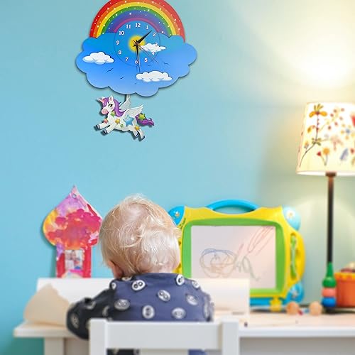 Miniatura 5 de Reloj de pared con péndulo de unicornio arcoíris, vista 3D, reloj oscilante analógico para niños, decoración de unicornio, reloj de pared de madera