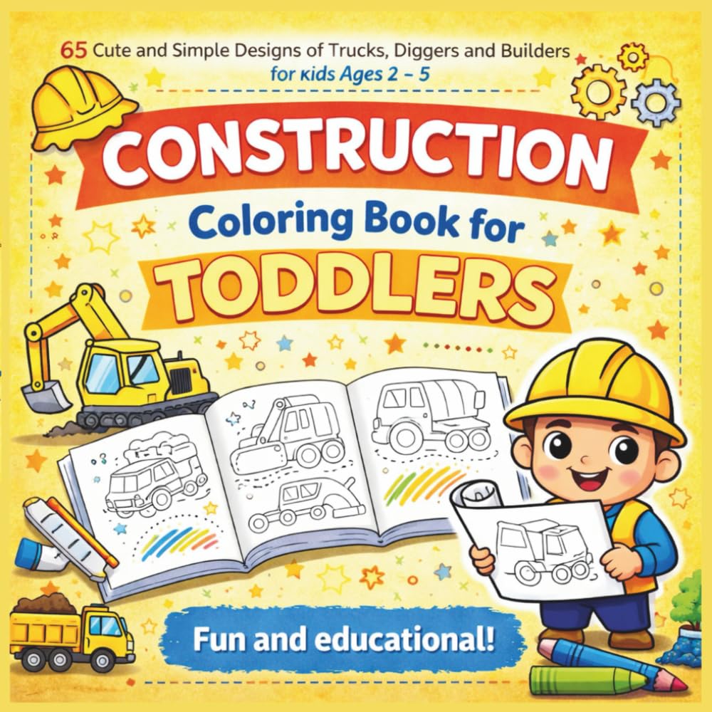 Construction Coloring Book for Toddlers: 65 Cute and Simple Designs of Trucks, Diggers and Builders for Kids Ages 2–5