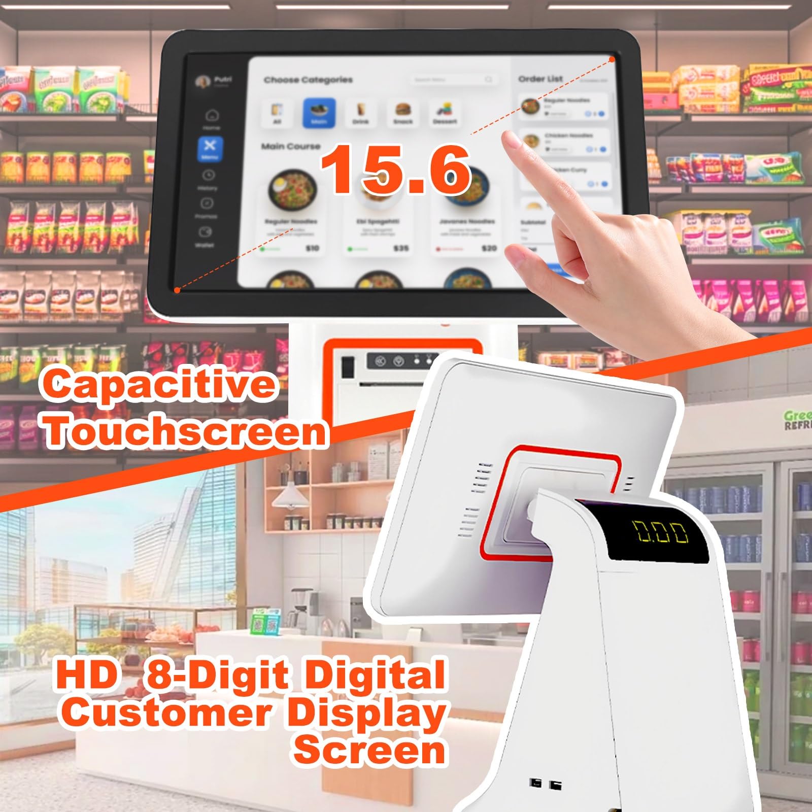 Caisse Enregistreuse Tactile 15.6 Pouces Pos System Tout en Un avec Imprimante Ticket WiFi Bluetooth Point De Vente pour Restaurant Retail Magasin(Black,with 58mm Printer)