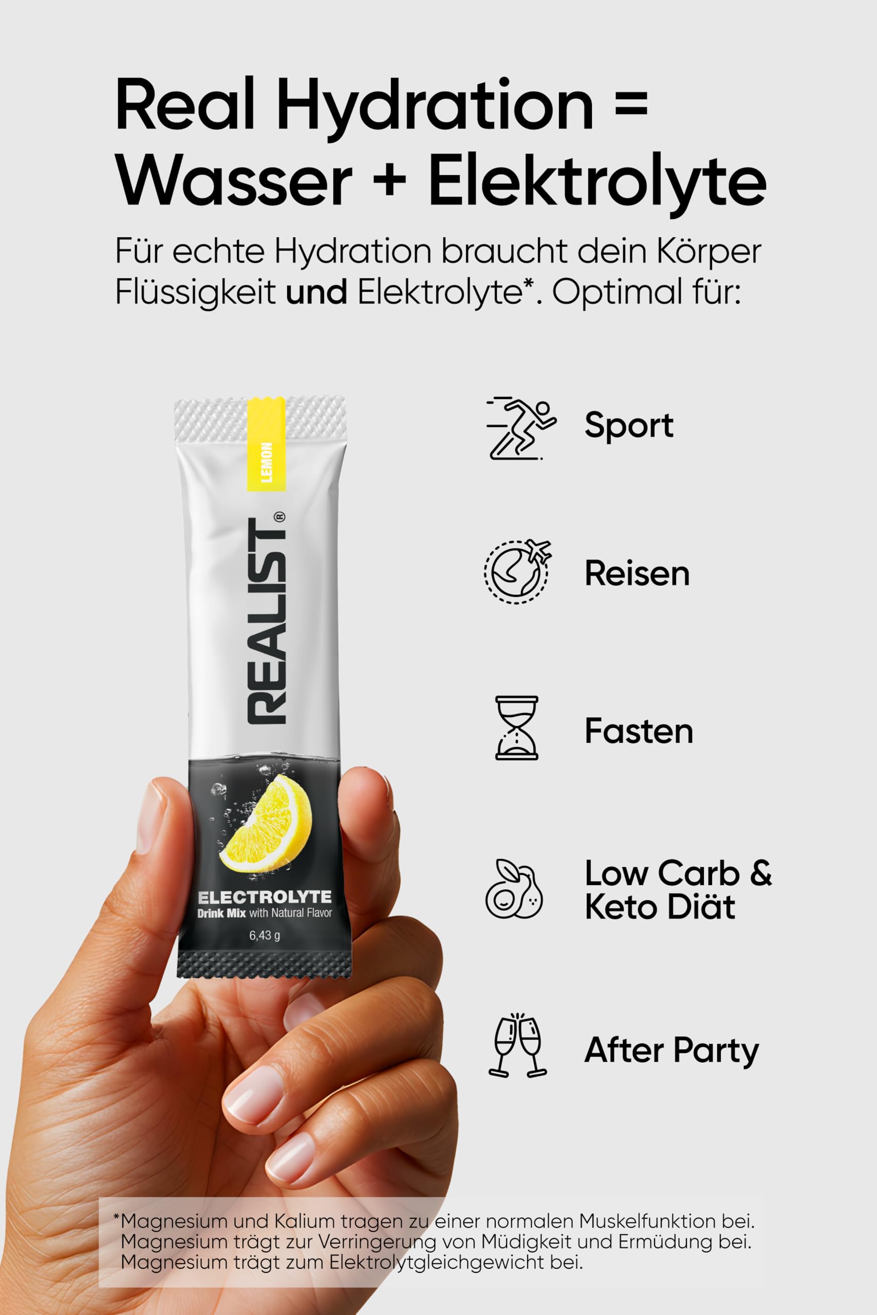 REALIST Electrolytes sans sucre [30 STICKS] Electrolytes Sugar Free, Poudre d'électrolyte Sport & KETO - 1000 mg de sodium, 330 mg de potassium, 60 mg de magnésium - Hydration rapide, fabriqué en