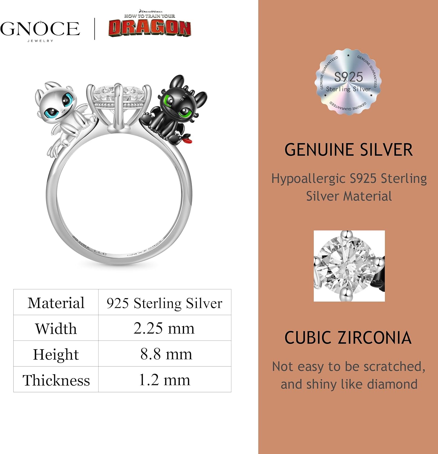 GNOCE HTTYD How To Train Your Dragon Toothless & Light Fury Cute Ring for Women,S925 Sterling Silver Ring for Her Wife, Valentine‘s Day, Mother’s Day, Jewelry Size 5-9