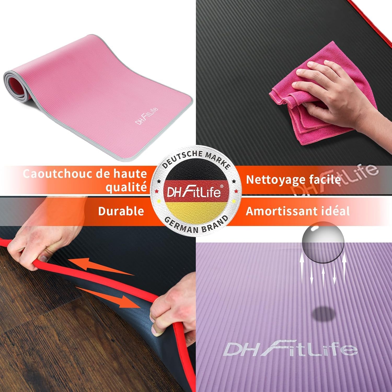 DH FitLife Tapis d'entraînement, fitness, yoga, gymnastique - 183 x 61 x 1 cm - Extra résistant à la déchirure - Antidérapant et épais