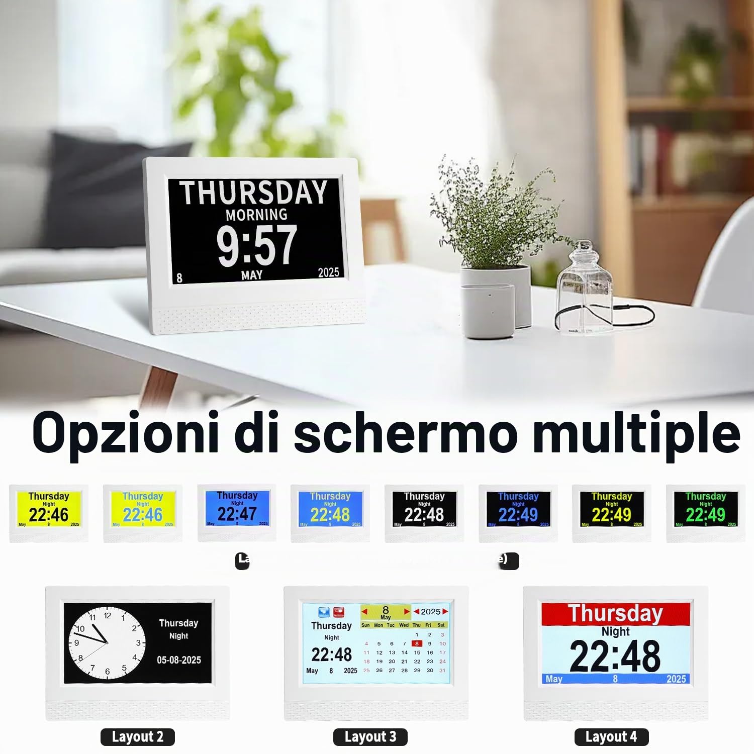 Upgraded, sveglia digitale da 7 pollici, orologio per anziani, sveglia digitale con funzione di promemoria, regolazione automatica della luminosità, per anziani e malattia di Alzheimer (bianco)