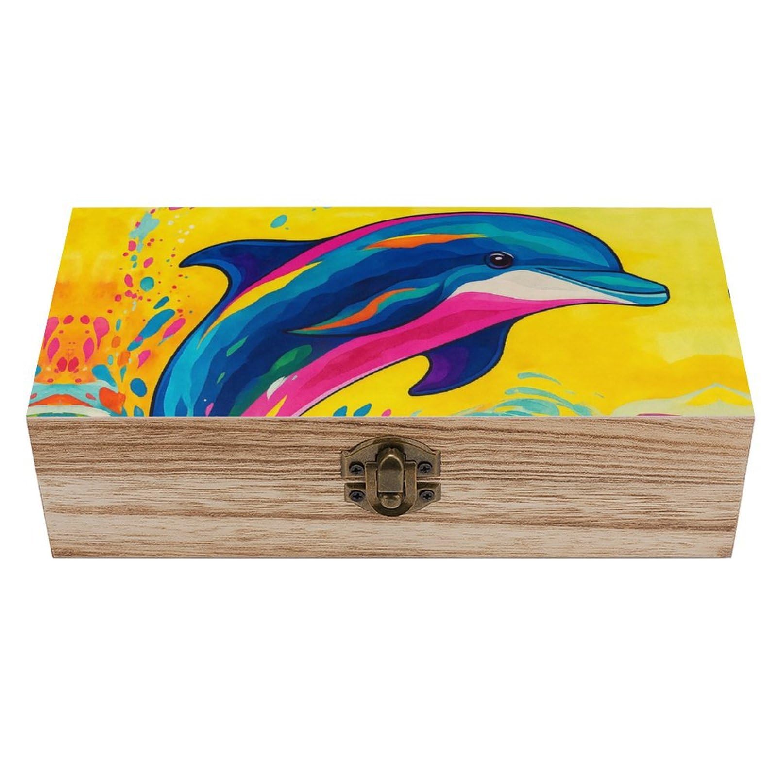 SMAZDFXX Colorful Dolphin Leaptof Ocean Wooden Storage Box Multipurpose Decorative Box for Jewelry Photo Home Decor