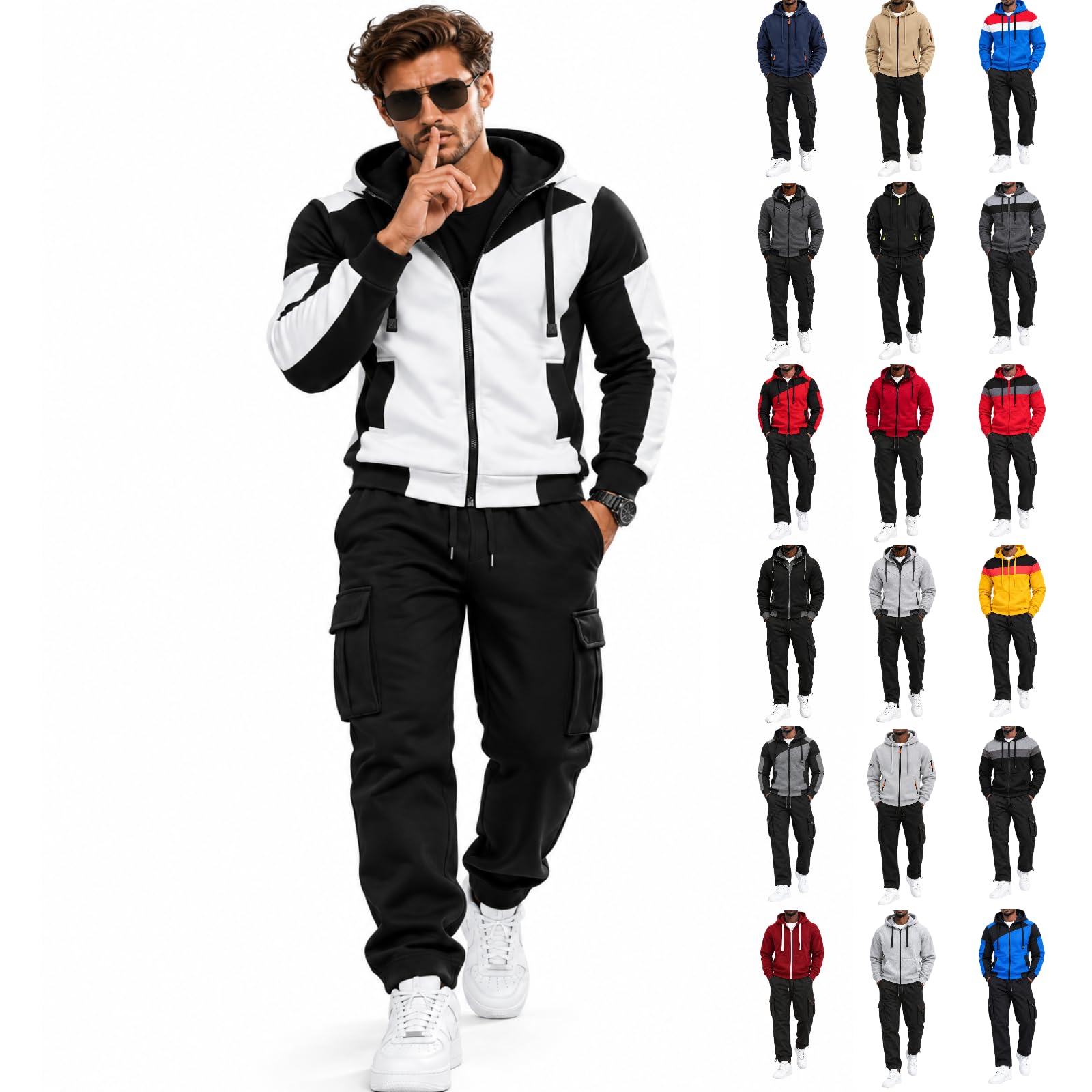 Mens Sweatsuits 2 Piece Set,Zip Up Hoodie and Cargo Sweatpants Track Suit