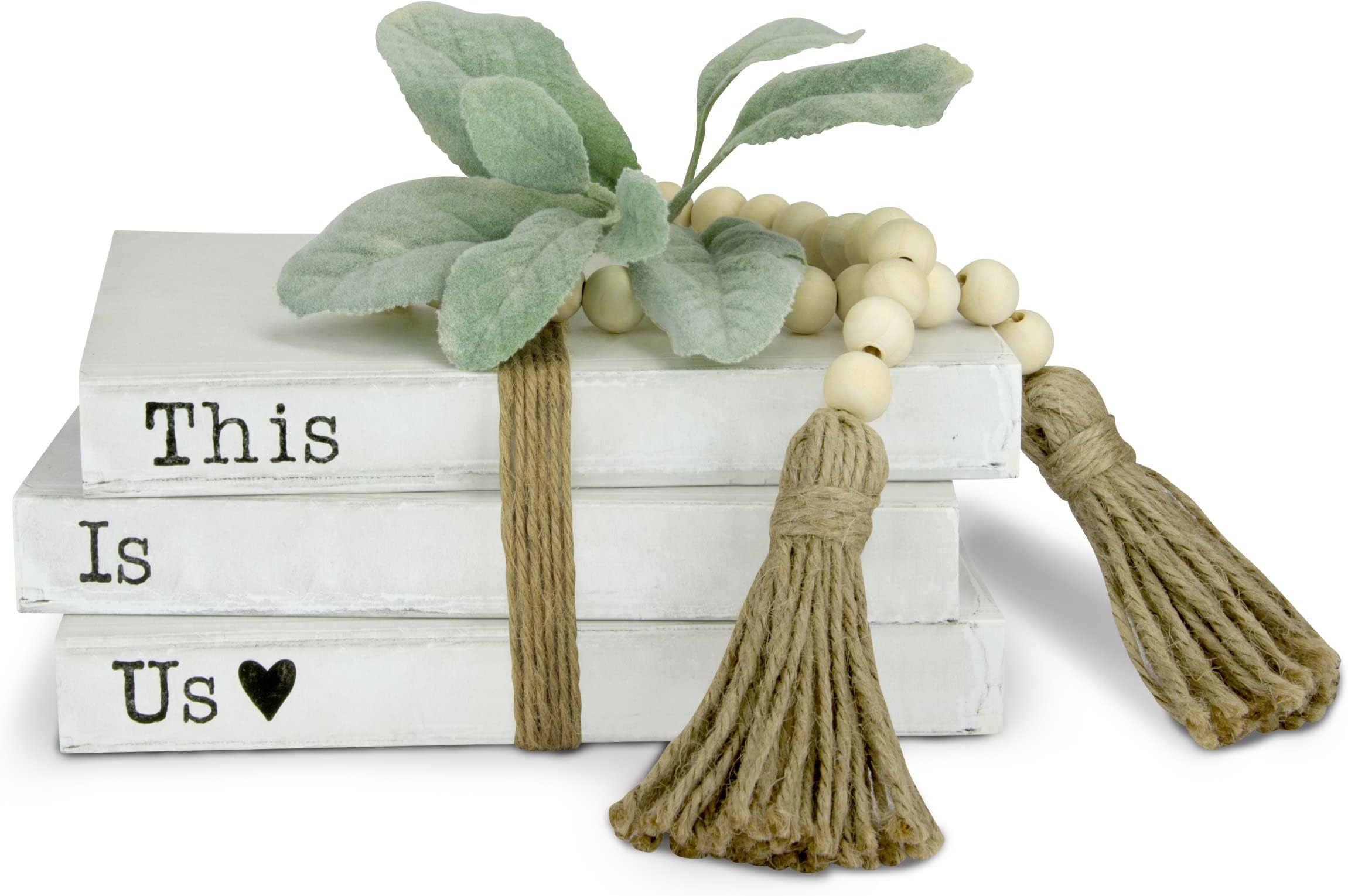 TenXVI Designs Decorative White Books, Set of 3 - This is Us Stacked Books - Rustic Farmhouse Accent Decor, Entryway Shelf, Mantel and Bedroom Night Stands with Bead/Flower Bundle