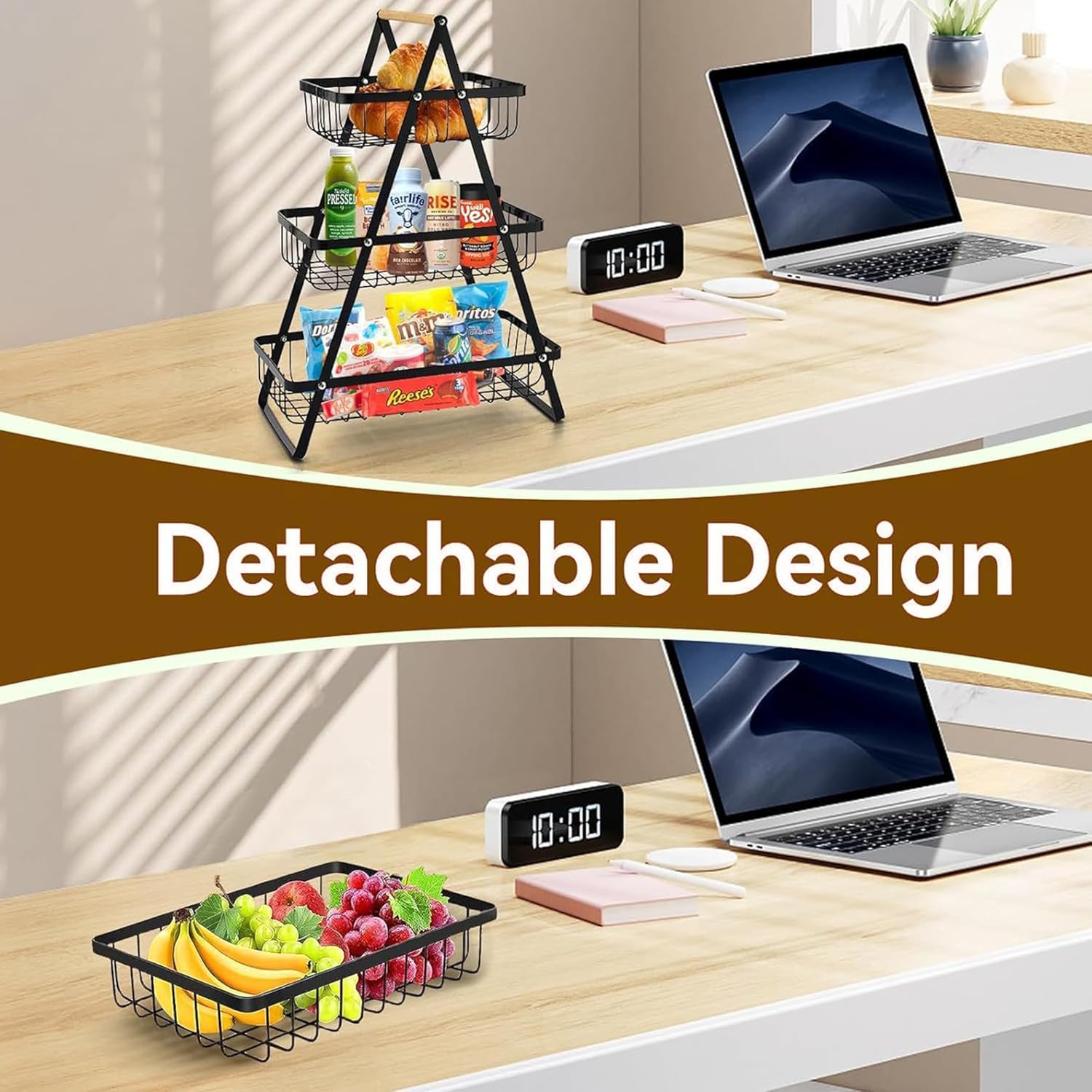3-stöckige Obst Etagere aus Metall – großer Obstkorb schwarz mit abnehmbarer Obstschale, moderner Obsthalter für Küche, vielseitiger Ablagekorb mit Holzgriff, ideal für Obst, Gemüse, Brot und Snacks