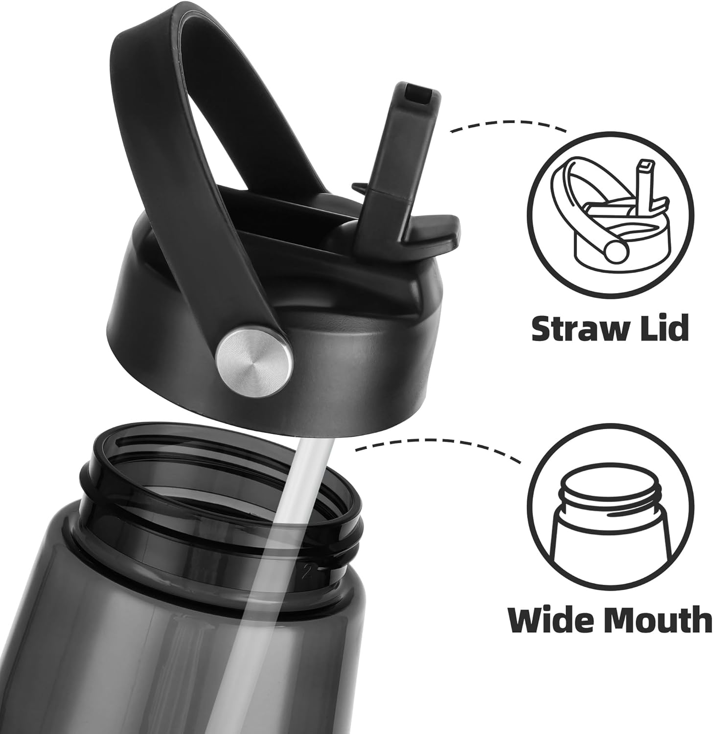 OLDLEY 32 oz Water Bottle with Straw, Leakproof Sports Water Bottle with Carry Strap, BPA-Free Large Water Bottles for Home,Travel, School, Outdoors, Gym, Tritan, Black - Image 2
