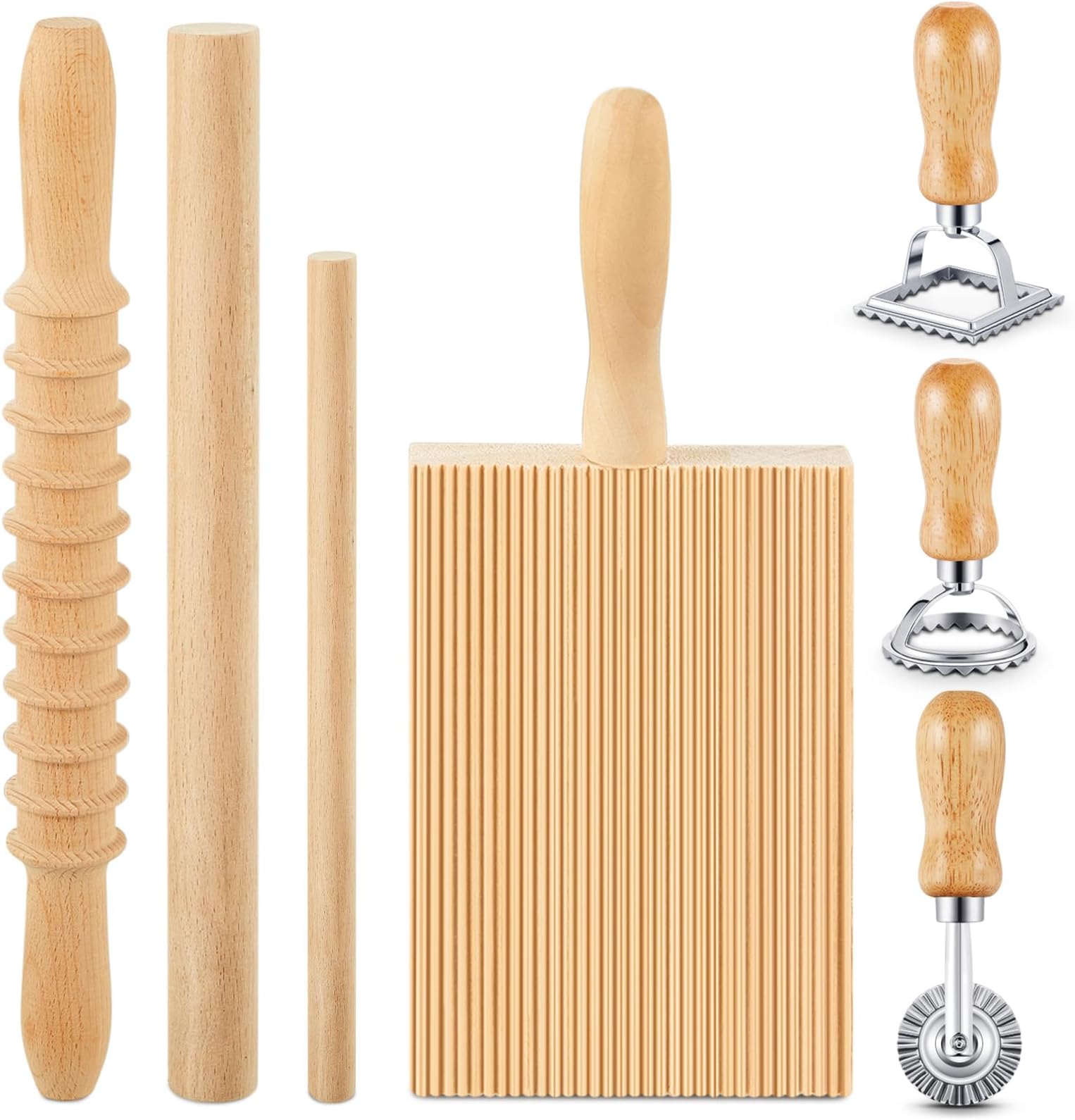 Tioncy 7 Pcs Pasta Making Tool Set Kitchen Gift for Mom, Wood Gnocchi Board with Ravioli Stamp Ravioli Maker Rolling Pin Gnocchi Garganelli Ltalian Pasta Tools for Beginners Mother's Day Home Cooks