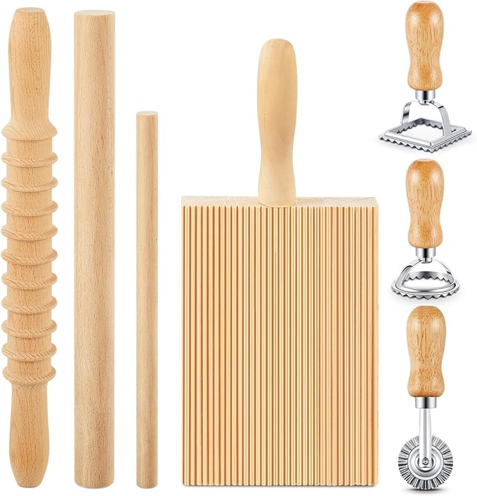 Tioncy 7 Pcs Pasta Making Tool Set Wood Gnocchi Board with Ravioli Stamp Ravioli Maker and Rolling Pin for Gnocchi Garganelli Italian Pasta Tools for Beginners and Home Cooks Kitchen Gift