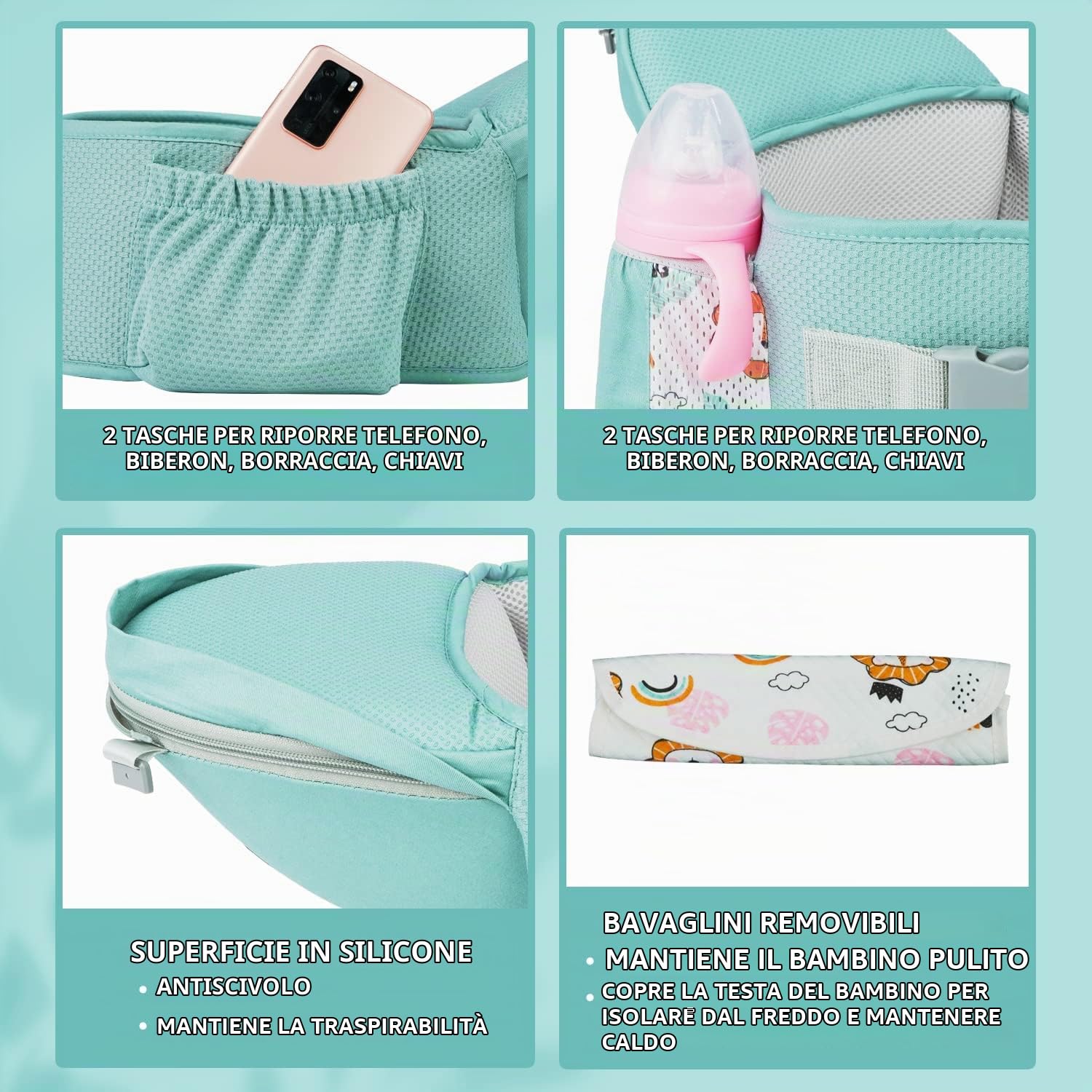 Marsupio Neonati Ergonomico, Porta Bambino con Sedile Multiposizione, Marsupio Con Bavaglini, Puro Cotone Traspirante Leggero, Ideale Neonati e Bambini da 0-36 Mesi(Inferiore a 20kg)