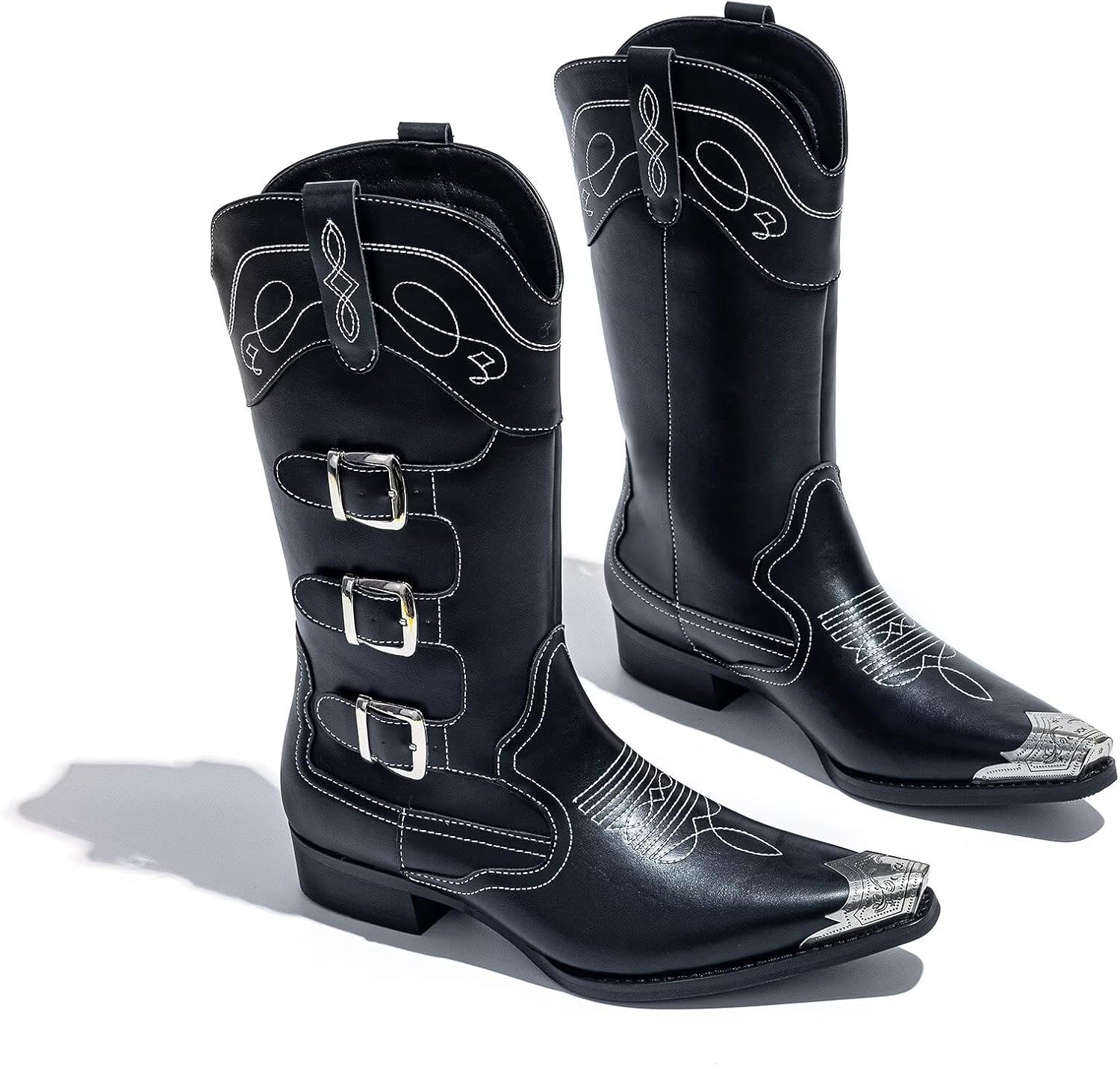 Men’s Western Cowboy Boots with Triple Buckle Straps, Pointed Toe, Durable Leather Riding Boots - Image 5