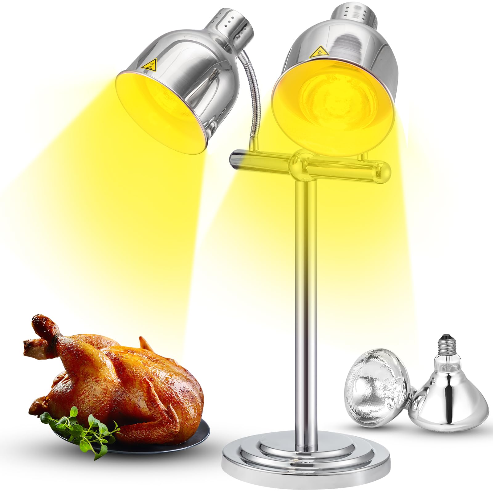 VIHOSE Silver Stainless Steel Food Heat Lamp with 250W Bulb Portable Catering Commercial Food Warmer Light Double Head Electric Heat Lamp for Food Preservation Heat Buffet Restaurant Party Kitchen