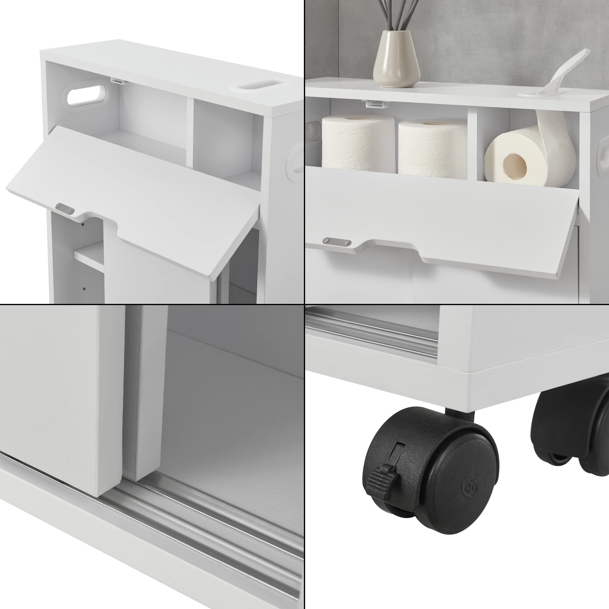 [en.casa] Armadietto da Bagno (AxLxP) 67 x 52 x 17 cm Mobile a Terra con 2 Ante Scorrevoli e 1 Anta a Ribalta Mobile da Stoccaggio su 4 Ruote - Bianco
